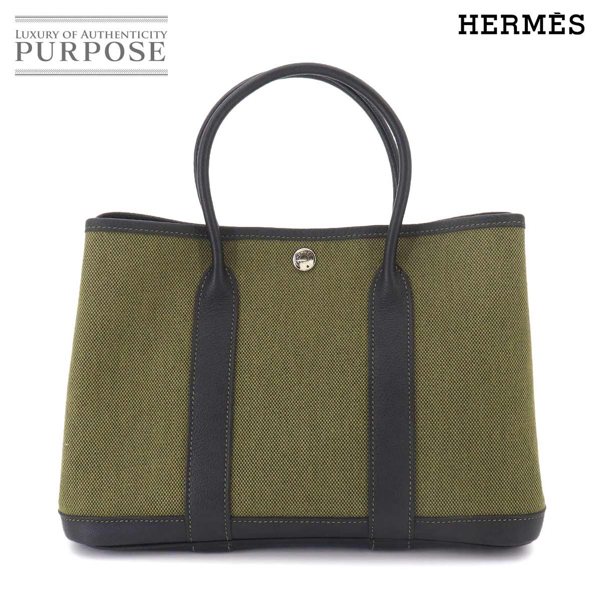 新品同様 エルメス HERMES ガーデンパーティ TPM トート バッグ トワルアッシュ レザー カーキ ブラック □P刻印 シルバー 金具 90329282