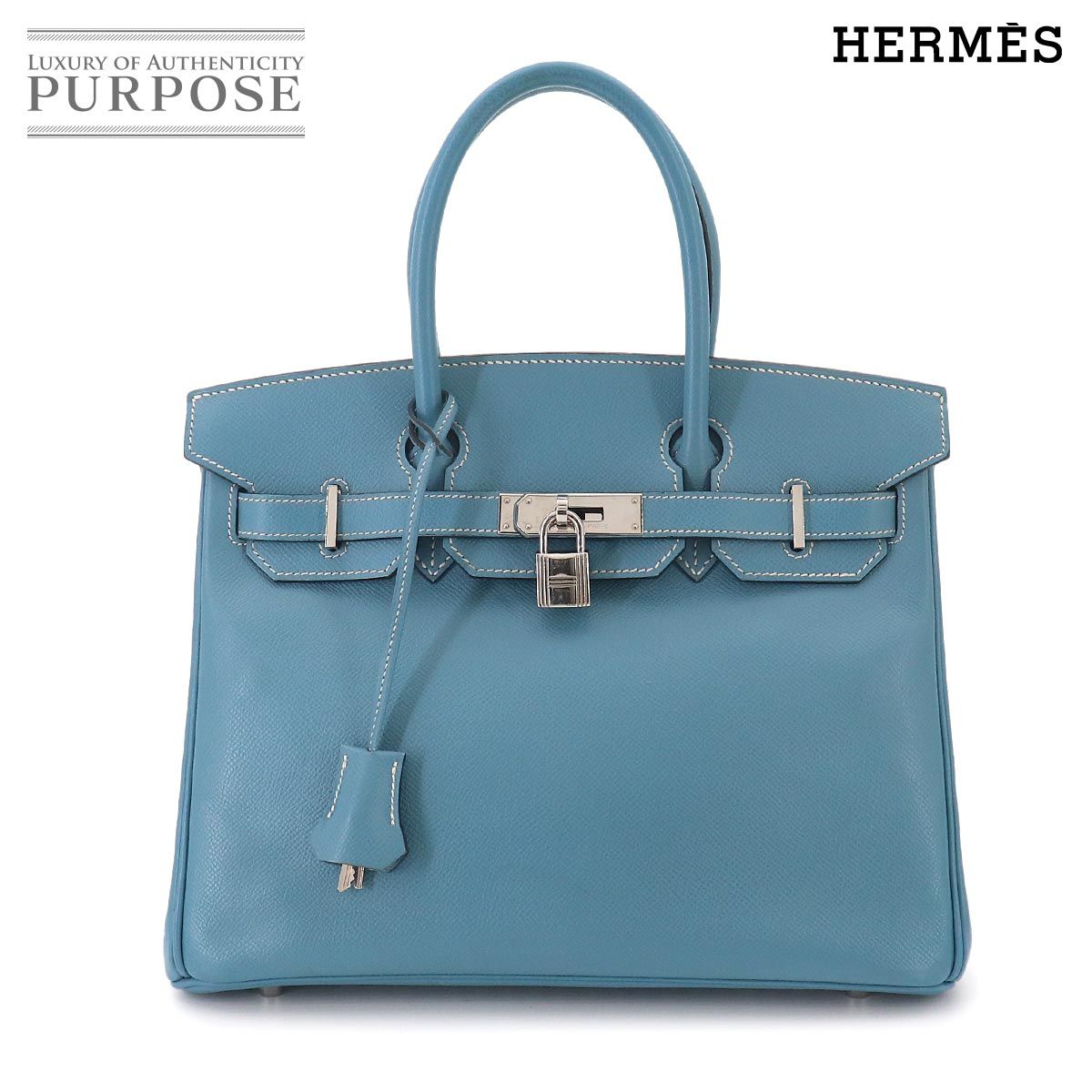 美品 エルメス HERMES バーキン30 ハンド バッグ エプソン ブルー