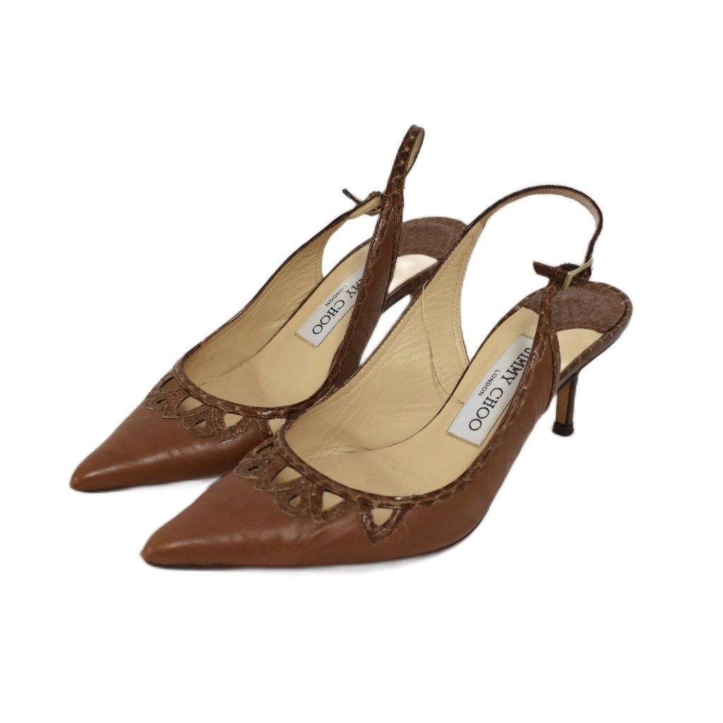 ジミーチュウ JIMMY CHOO パンプス サンダル ポインテッドトゥ スリングバック キトゥンヒール パイソン柄 35 1/2 茶 ブラウン ■GY62
