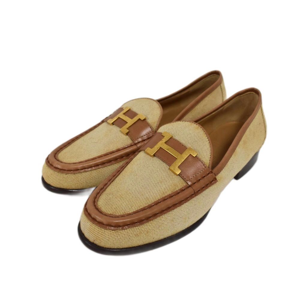 エルメス HERMES フラットローファー キャンバス シューズ Hロゴ金具 37 1/2 ベージュ 茶 ブラウン ■GY62