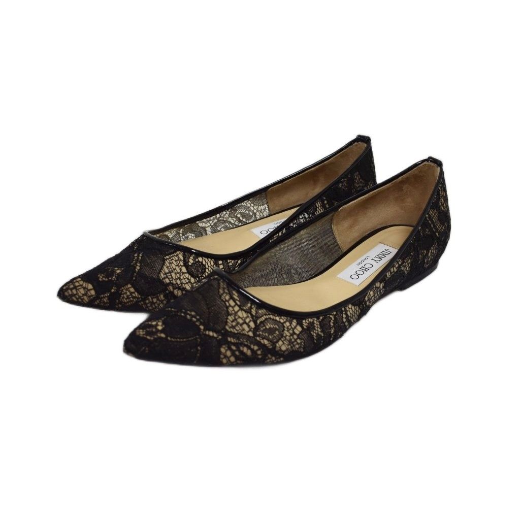 ジミーチュウ JIMMY CHOO フラットパンプス レースデザイン 総レース ポインテッドトゥ 36 1/2 黒 ブラック ■GY62
