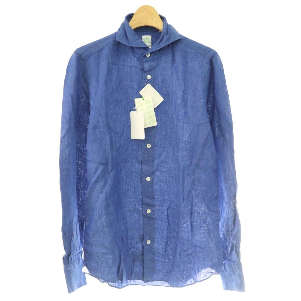 フィナモレ finamore リネンソリッドカッタウェイカラーシャツ カジュアル 無地 ワンカラー 長袖 S 青 ブルー 010608 タグ付き /BB ■GY62