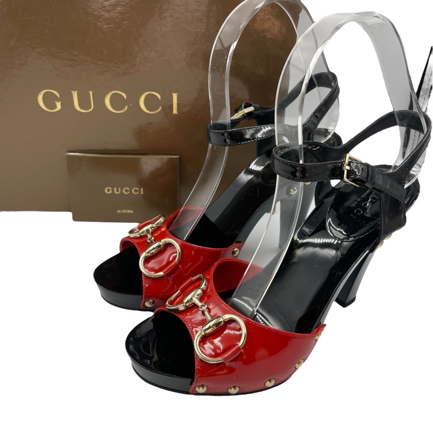 未使用品 GUCCI グッチ サンダル パテント レザー アンクル ストラップ ホースビット レッド サイズ35 箱付き
