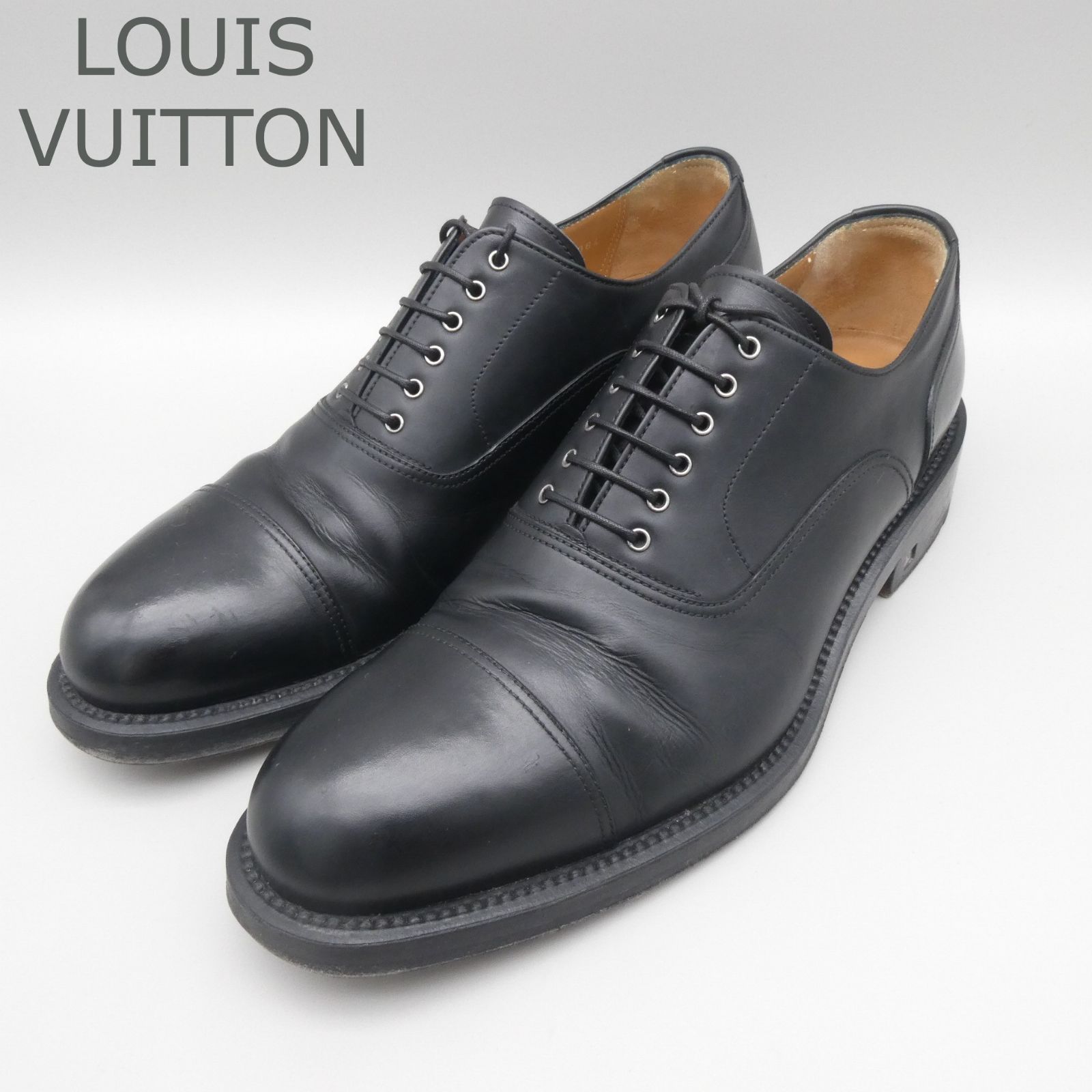 LOUIS VUITTON ルイヴィトン LVロゴ レザー ビジネスシューズ ダービーシューズ 革靴 ストレートチップ 外羽根 レースアップ ブラック 5.5 約25cm メンズ