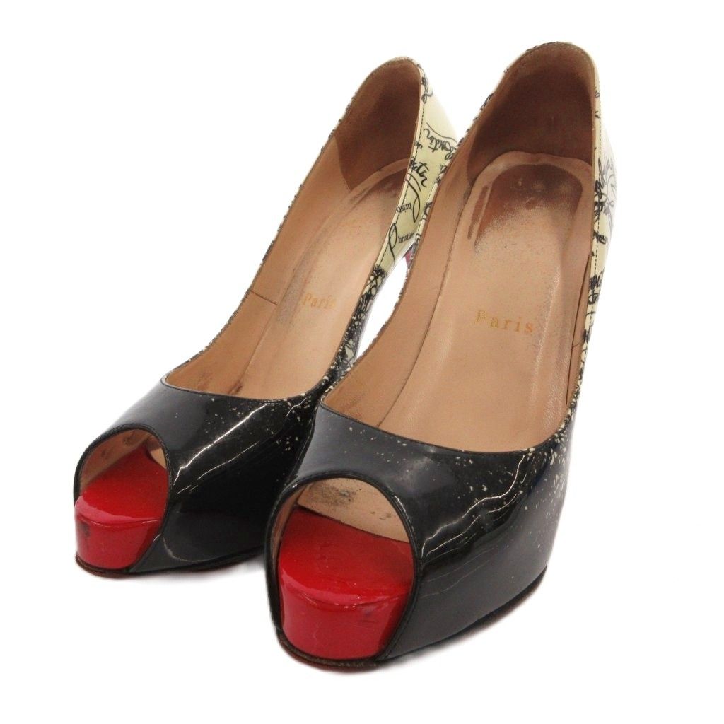 クリスチャンルブタン Christian louboutin パンプス シューズ ハイヒール オープントゥ エナメル 35.5 黒 ブラック アイボリー /FF ■GY62
