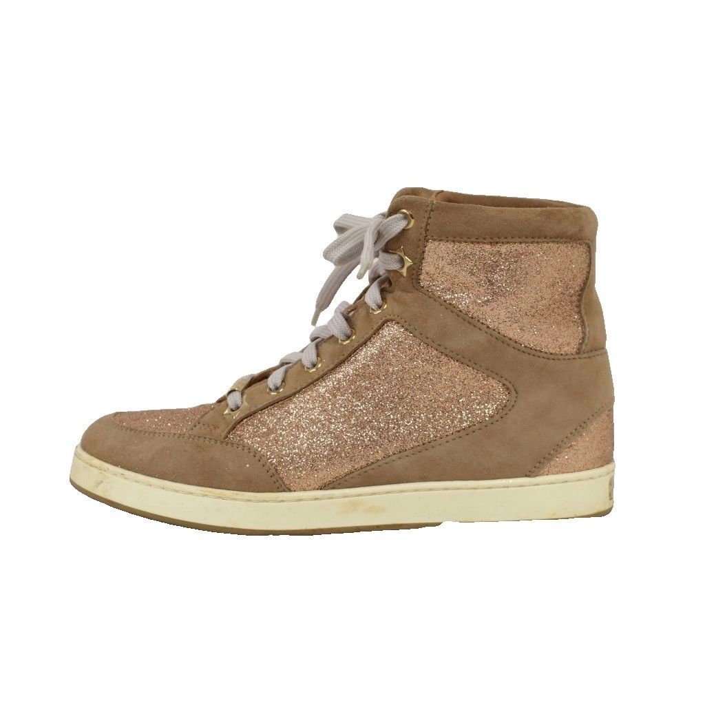 ジミーチュウ JIMMY CHOO ハイカットスニーカー ラメ グリッター ロゴ金具 35 ベージュ 茶 ブラウン 金色 ゴールドカラー ■GY62