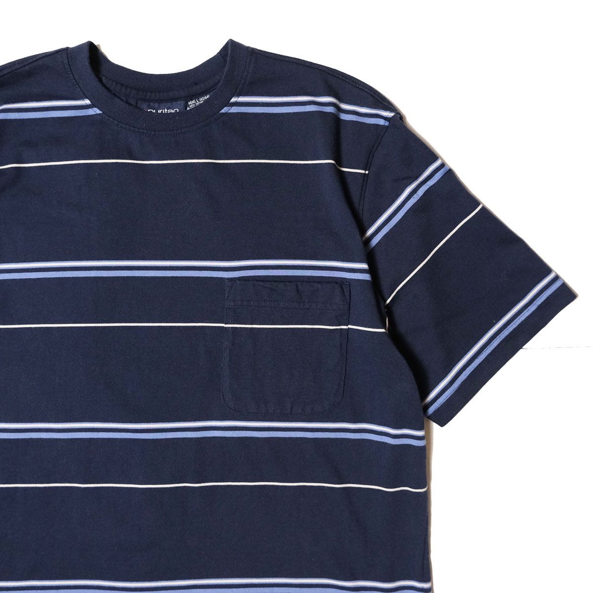 90's 00's ピューリタン ボーダー クルーネック ポケット Tシャツ 半袖 (L) 紺系 無地 ポケT 90年代 00年代 旧タグ オールド PURITAN アメリカ古着 USED ビンテージ ヴィンテージ