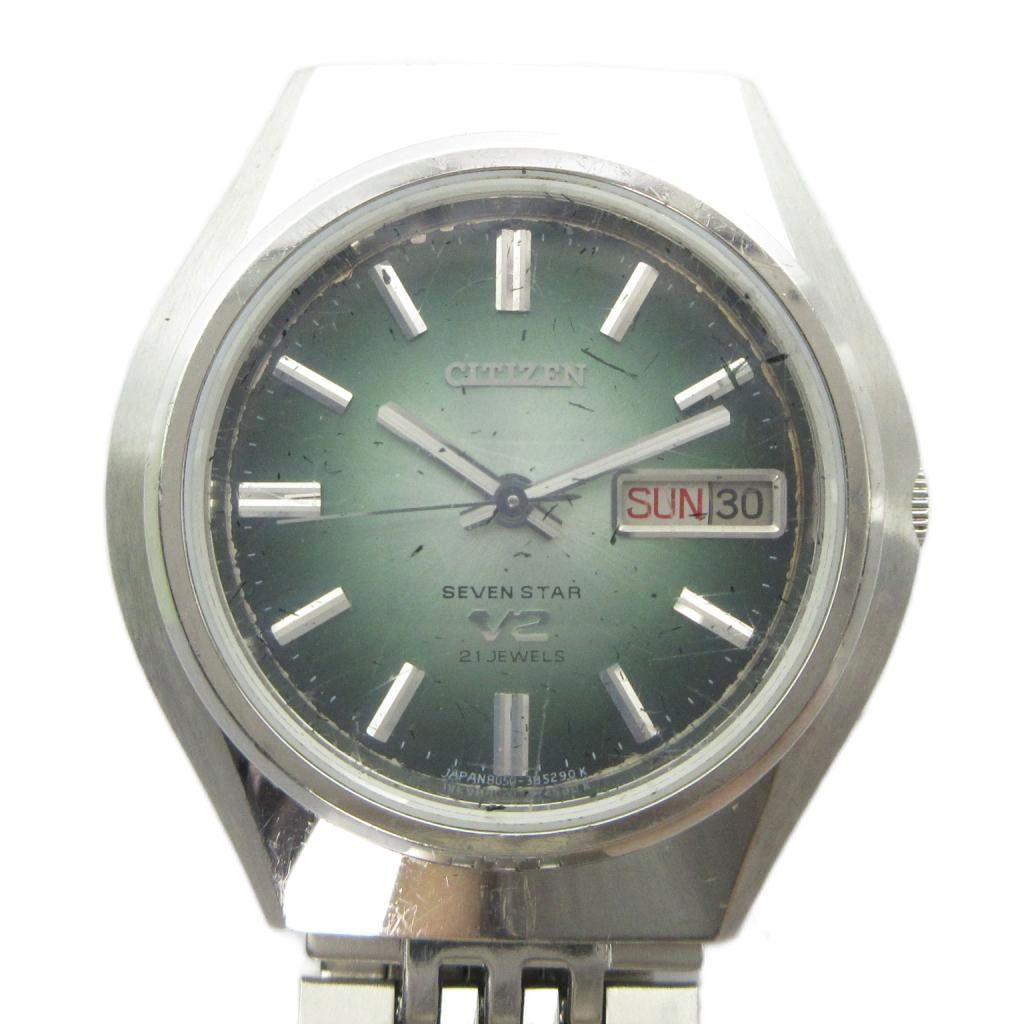 シチズン CITIZEN 4-385152 SEVEN STAR 腕時計 ウォッチ 自動巻き 緑文字盤 カレンダー付き シルバー色 ■GY11 /MQ