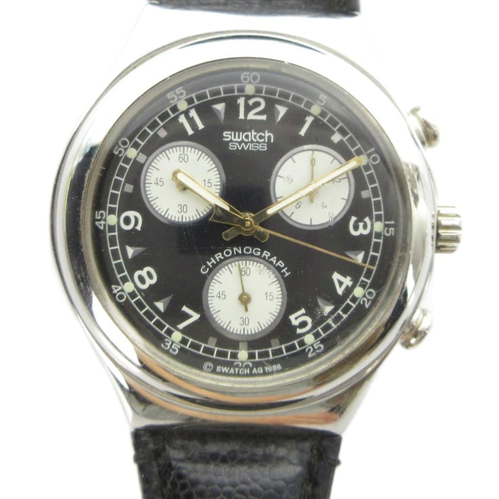 スウォッチ SWATCH 腕時計 ウォッチ クォーツ クロノグラフ 黒文字盤 レザーベルト シルバー色 ■GY11 /MQ