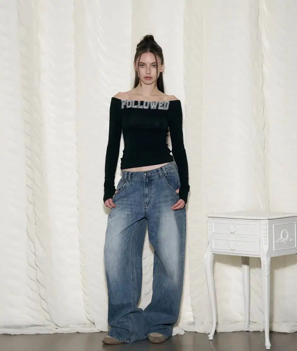 プリーズノーフォロー 25Damaged Washing Wide Denim