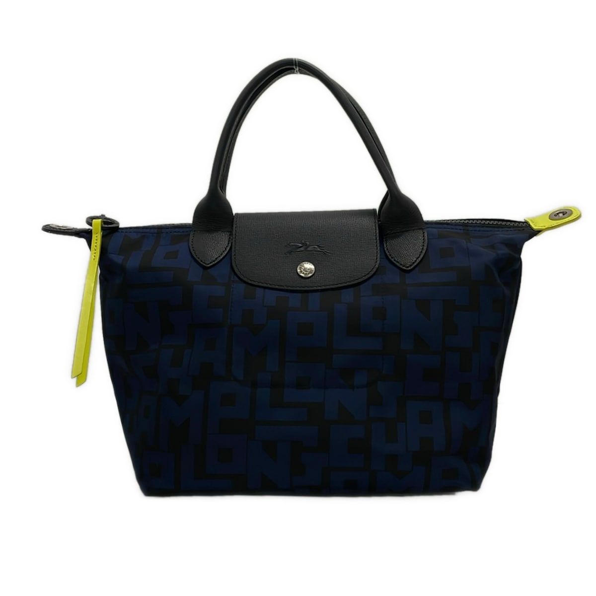 LONGCHAMP(ロンシャン) ハンドバッグ ル・プリアージュネオ 黒×ネイビー×イエロー ロゴ柄 レザー