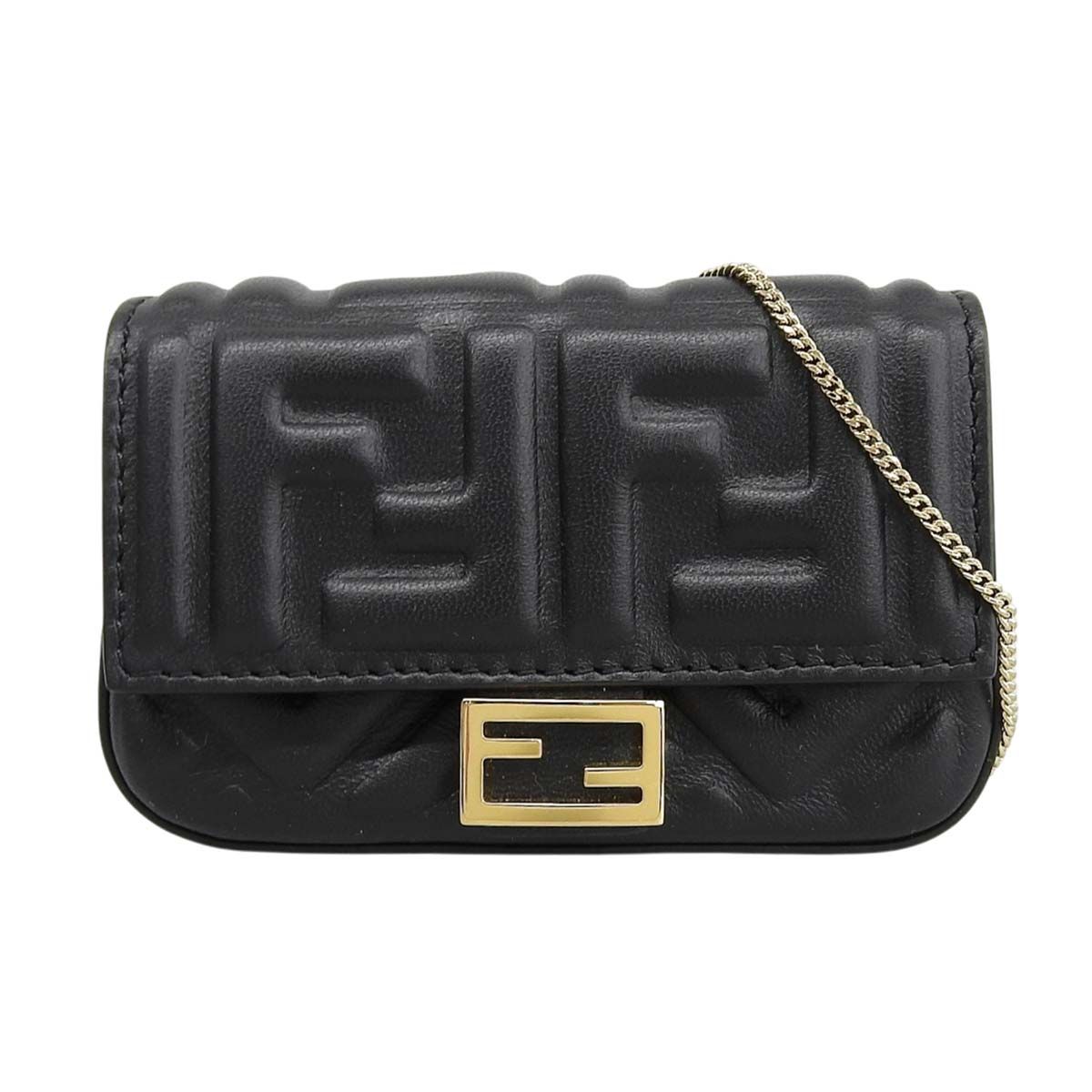 フェンディ FENDI ナノバッケトチャーム ミニバッグ ショルダーバッグ チェーンショルダー レザー ブラック ゴールド金具 レディース