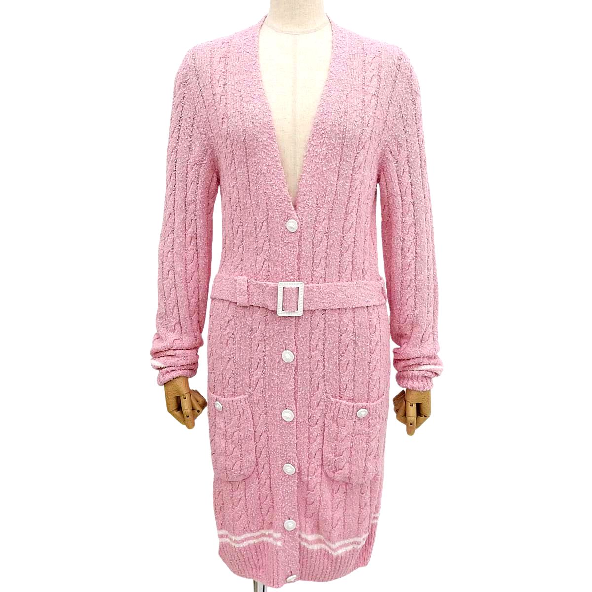シャネル CHANEL ロングカーディガン ニット ピンク サイズ34 レディース ヴェルジニーヴィアール期 ライオンボタン ベルト付き 2022年