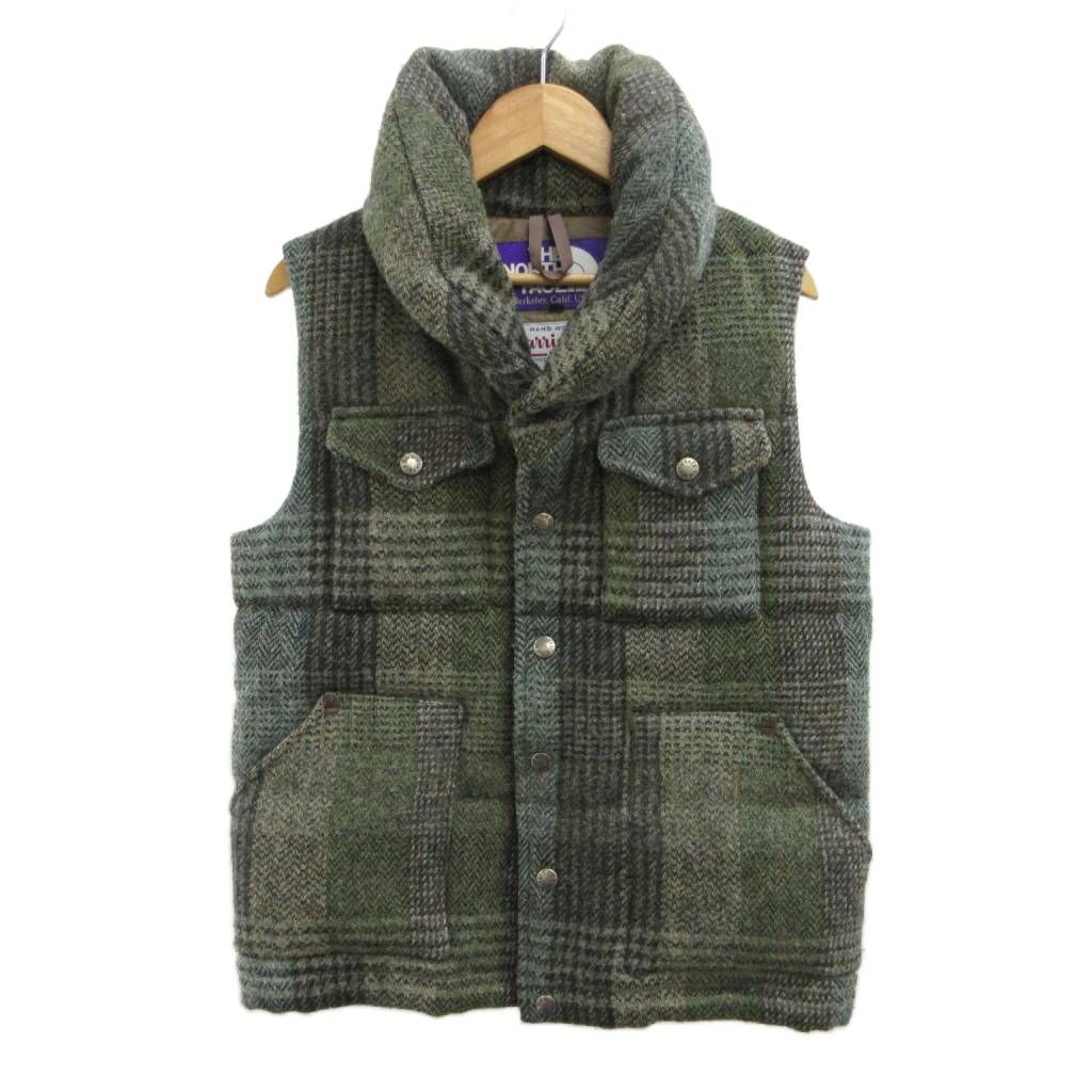 ノースフェイス パープルレーベル THE NORTH FACE PURPLE LABEL ×ハリスツイード ダウンベスト ウール XS カーキ チェック柄 ショールカラー ノースリーブ NDW2969N /PP