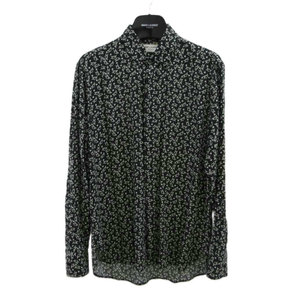 サンローラン パリ SAINT LAURENT PARIS ワイシャツ 37 黒 ブラック 白 ホワイト 総柄 比翼 長袖 星柄 01SZ 564172 Y594U 1095 /PP ■GY17