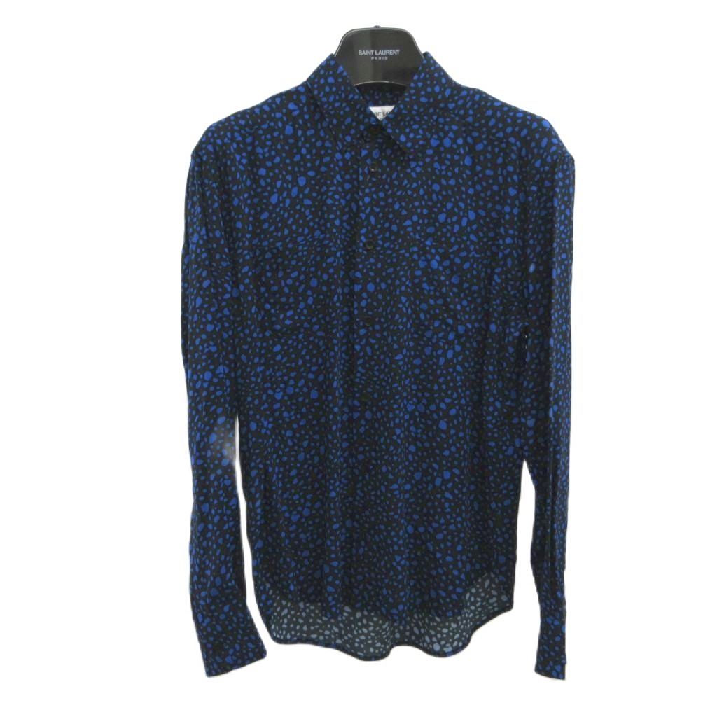 サンローラン パリ SAINT LAURENT PARIS 2019 ワイシャツ 37 ネイビー 紺 青 ブルー ドット柄 総柄 長袖 JP53 2019 01056 /PP ■GY17