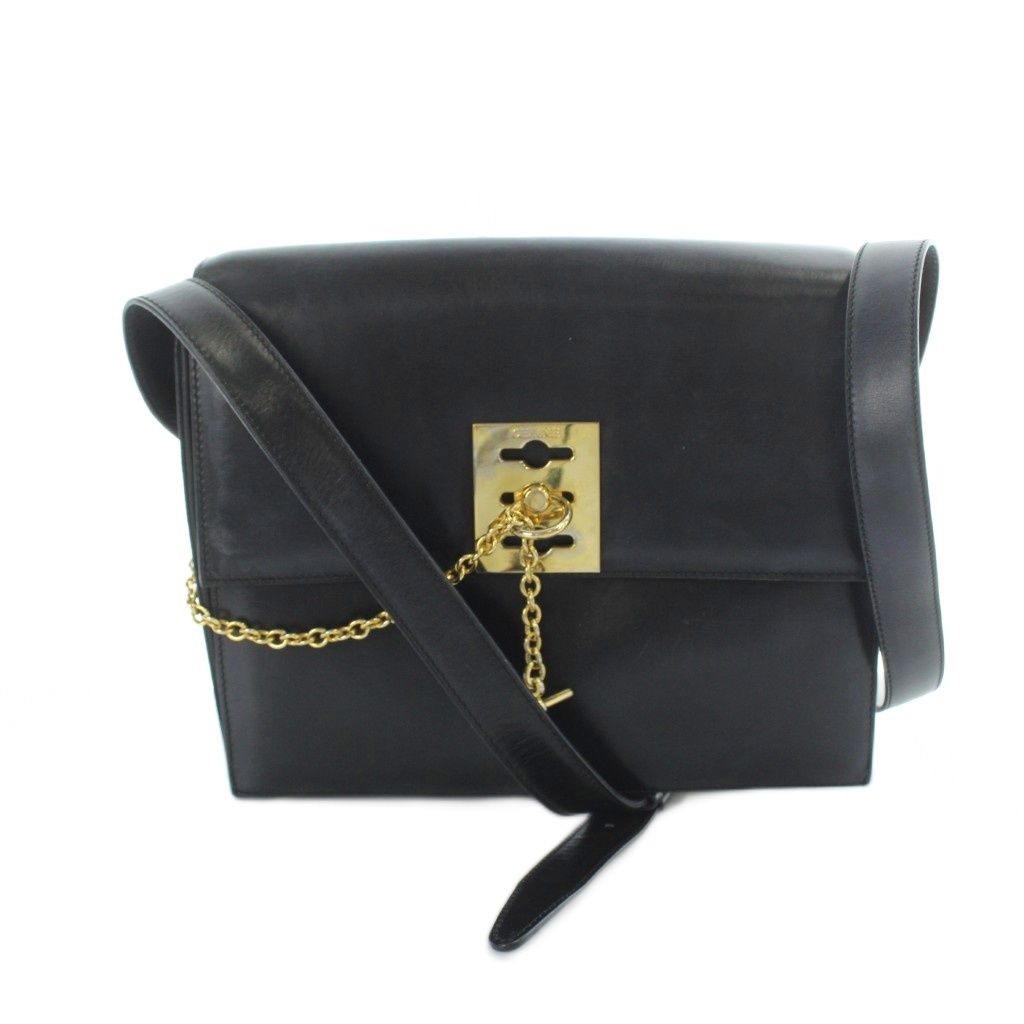 セリーヌ CELINE ショルダーバッグ 斜めがけ ガンチーニチェーン マンテル ロゴ レザー 黒 ブラック ■GY18 /MQ