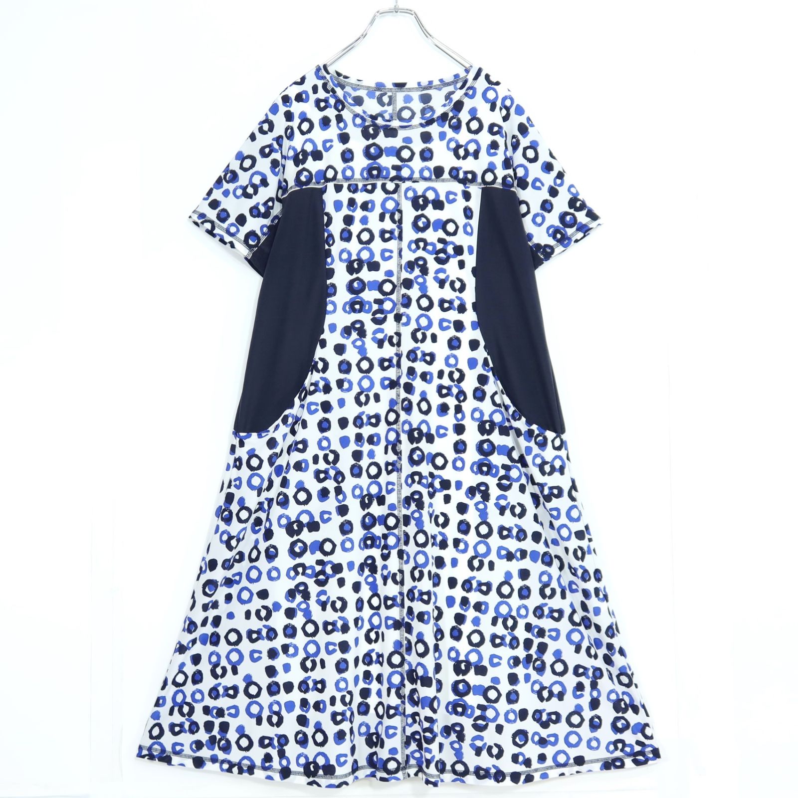 【美品】ヒロココシノ★個性的デザイン♪半袖ワンピース 大きいサイズ15ABR 濃紺系 インナー付♪薄手 z20956