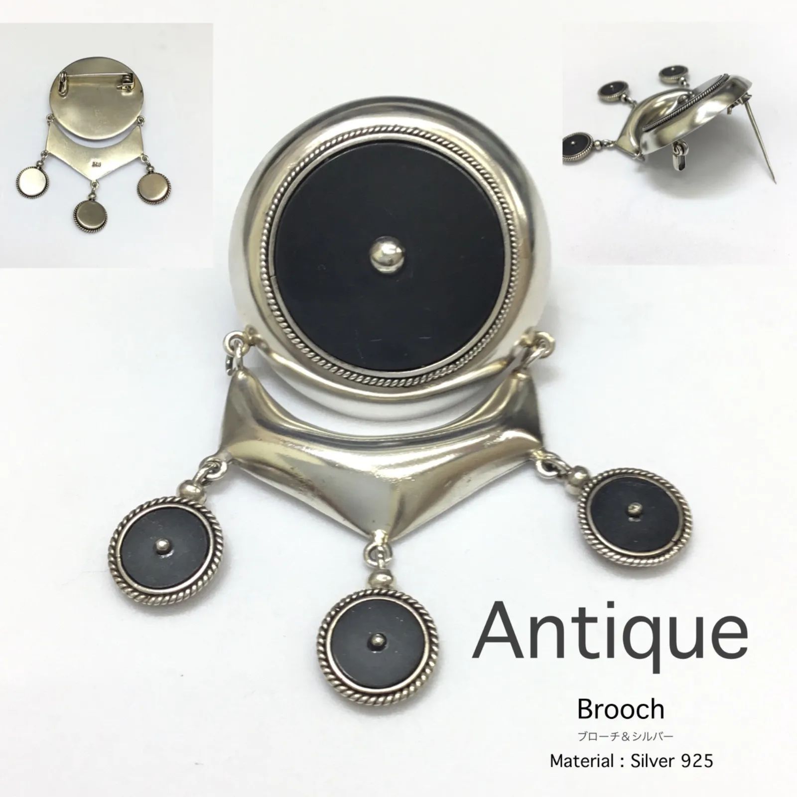 SILVER 925 ／Antique ★ シルバー ピン ブローチ ／ ヴィンテージ ◎モチーフ ピンブローチ ／ ブラックストーン ／ 勲章 ／ サークル ブローチ ／ レディース ／ メンズ ／ 帽子 ／ バッグ ／ チャーム ／ コサージュ