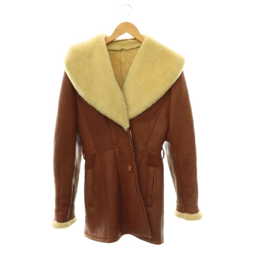 ユーエスシープスキン USSHEEPSKIN ファーコート ムートンファー 毛皮 ミドル S ブラウン アイボリー /DO ■GY17
