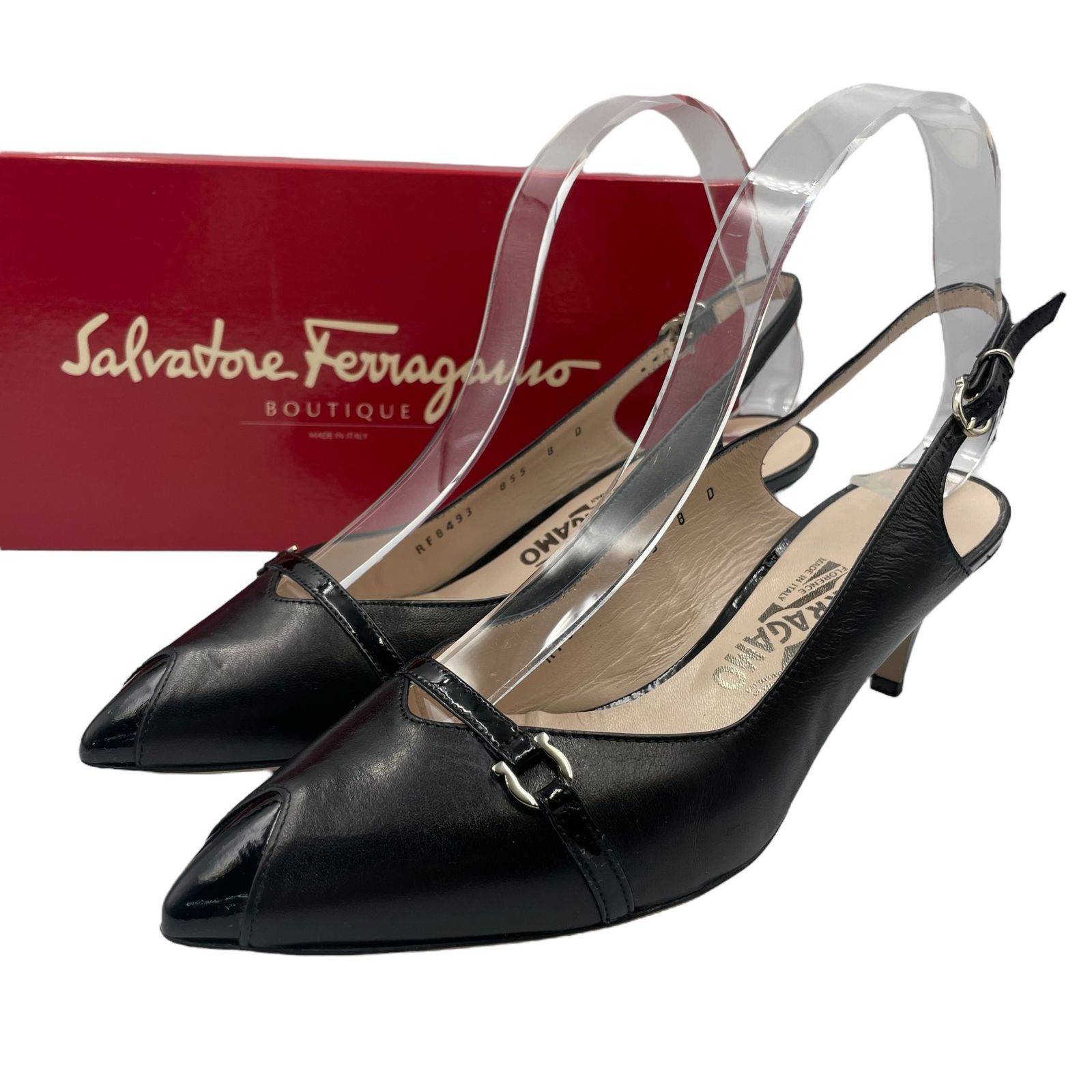 未使用品 Salvatore Ferragamo フェラガモ パンプス レザー ロゴ付き ブラック サイズ38D 箱付き