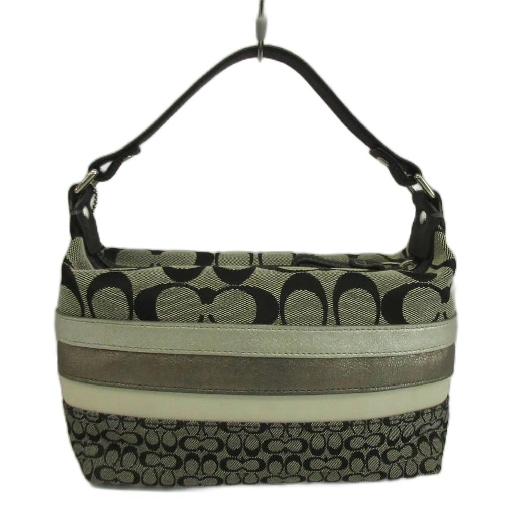 コーチ COACH ハンドバッグ ポーチ キャンバス レザー シグネチャー ミニシグネチャー 切り替え ストライプ 黒 ブラック /XZ ■GY18