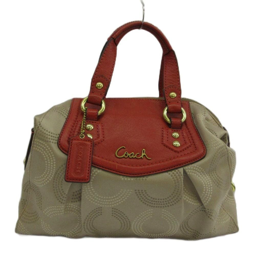 コーチ COACH アシュレイ ドット オプアート サッチェル ハンドバッグ ショルダー 2WAY キャンバス レザー ロゴ ゴールド金具 ベージュ 赤 レッド F20027 /XZ ■GY18