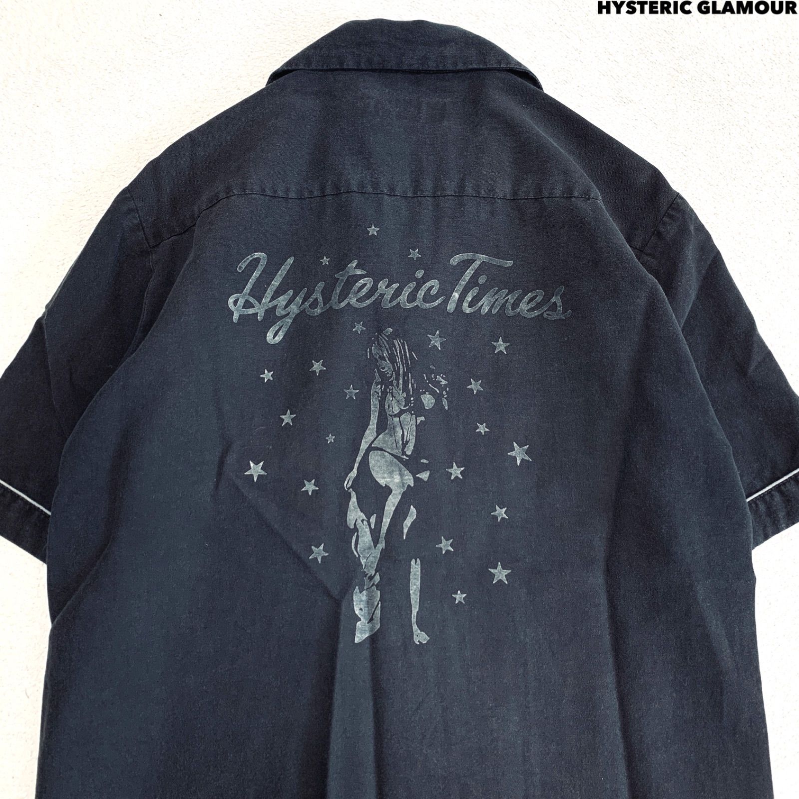 HYSTERIC GLAMOUR Bowling Shirt ボーリングシャツ ワークシャツ アロハシャツ オープンカラー 開襟 ロゴ刺繍 プリント ヒスガール ショートスリーブ 半袖 Mサイズ ブラック 黒 ヒステリックグラマー