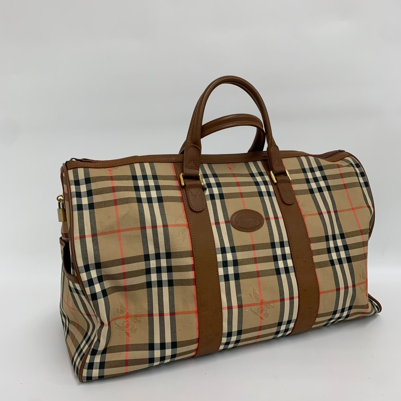 【定番】Burberrys バーバリーズ ボストンバッグ ノバチェック ブラウン レザー 鍵付き