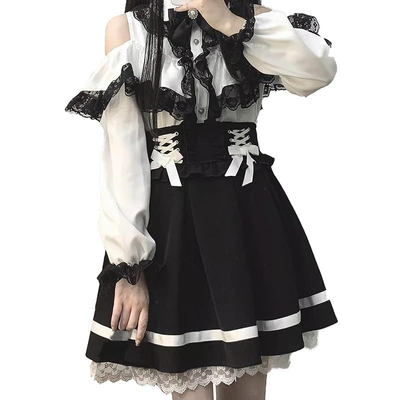 【新品】 [Sivrusn] 地雷系 量産型 ワンピース ゴスロリ レディース コスプレ 衣装 上下セット 可愛い レース リボン フリル セットアップ 病みかわいい ガーリー系 ロリータ系 清楚系 原宿系 森ガール コスチューム 服 おしゃれ 春夏秋冬 wh