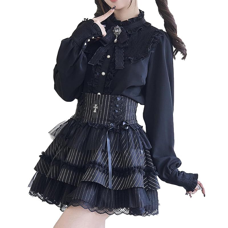 【新品】 [Sivrusn] 地雷系 服 レディース ブローチ付き フリル レース リボン ゴスロリ ワンピース 量産型 サブカル系 ロリータ系 ガーリー系 原宿系 ゴシック コスプレ 可愛い ドレス お姫様 姫袖 おしゃれ 春 夏 秋 冬 black S (