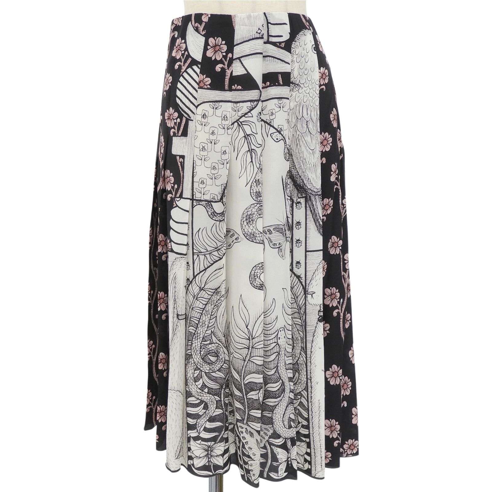 極美品▲GUCCI グッチ 469779 シルク100％ 総柄 ミモレ丈 フレアスカート ブラック ホワイト ピンク 40 イタリア製 正規品 レディース