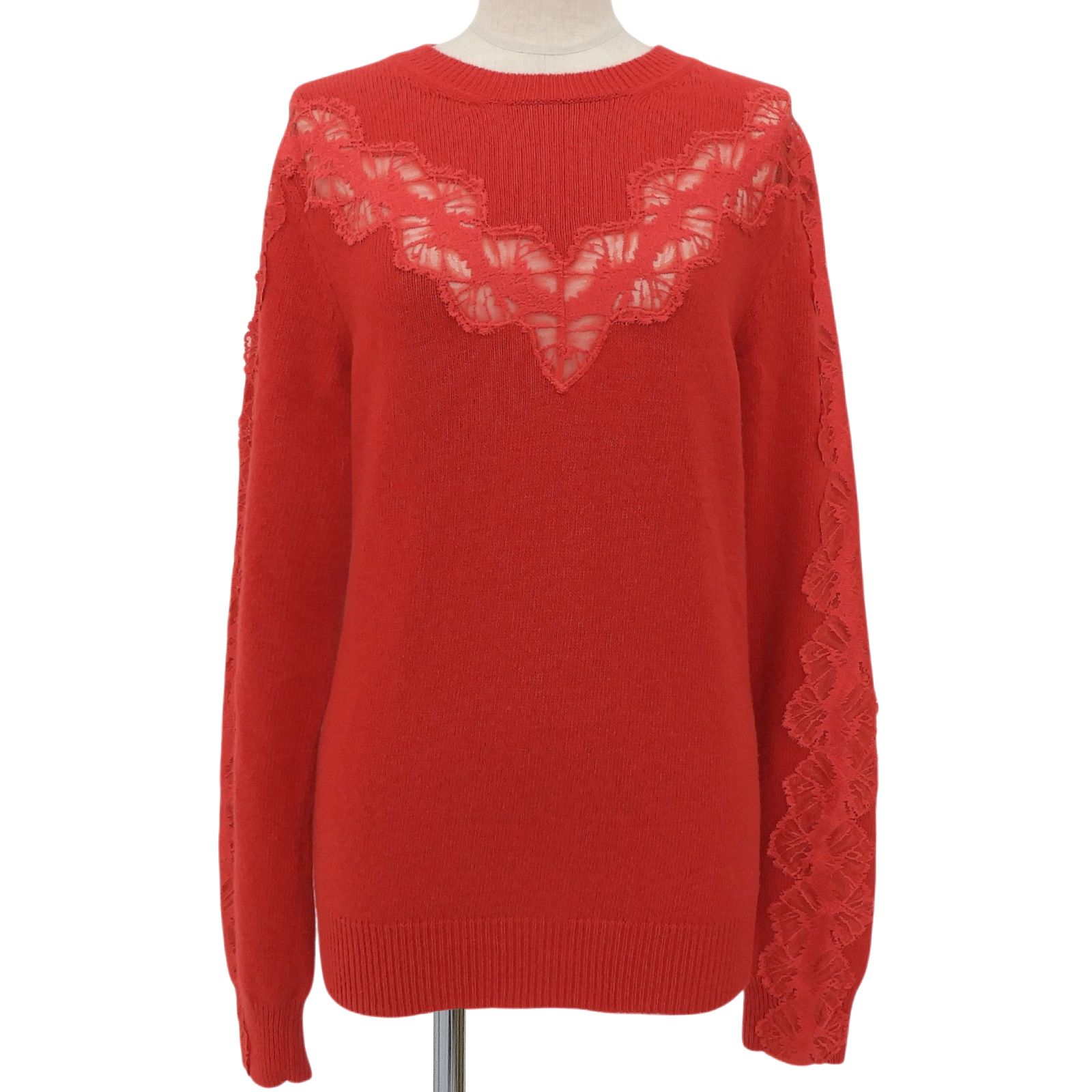 未使用品▲Stella McCartney ステラマッカートニー ウール100％ レース切替 セーター 長袖ニット レッド S イタリア製 正規品 レディース 21,900円