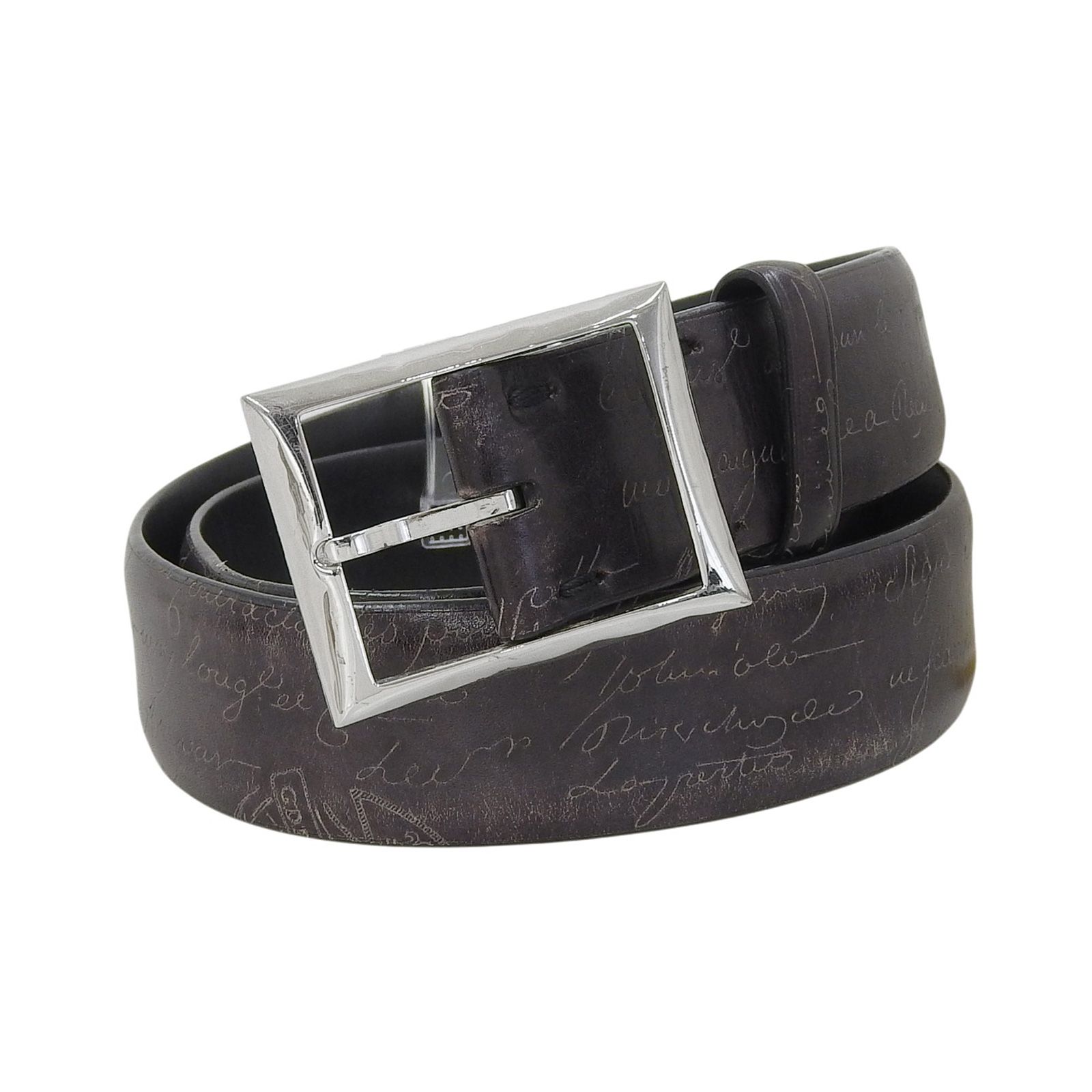 良品▲BERLUTI ベルルッティ パティーヌレザー ピンバックル カリグラフィ レザーベルト ブラック シルバー金具 80 32 イタリア製 メンズ