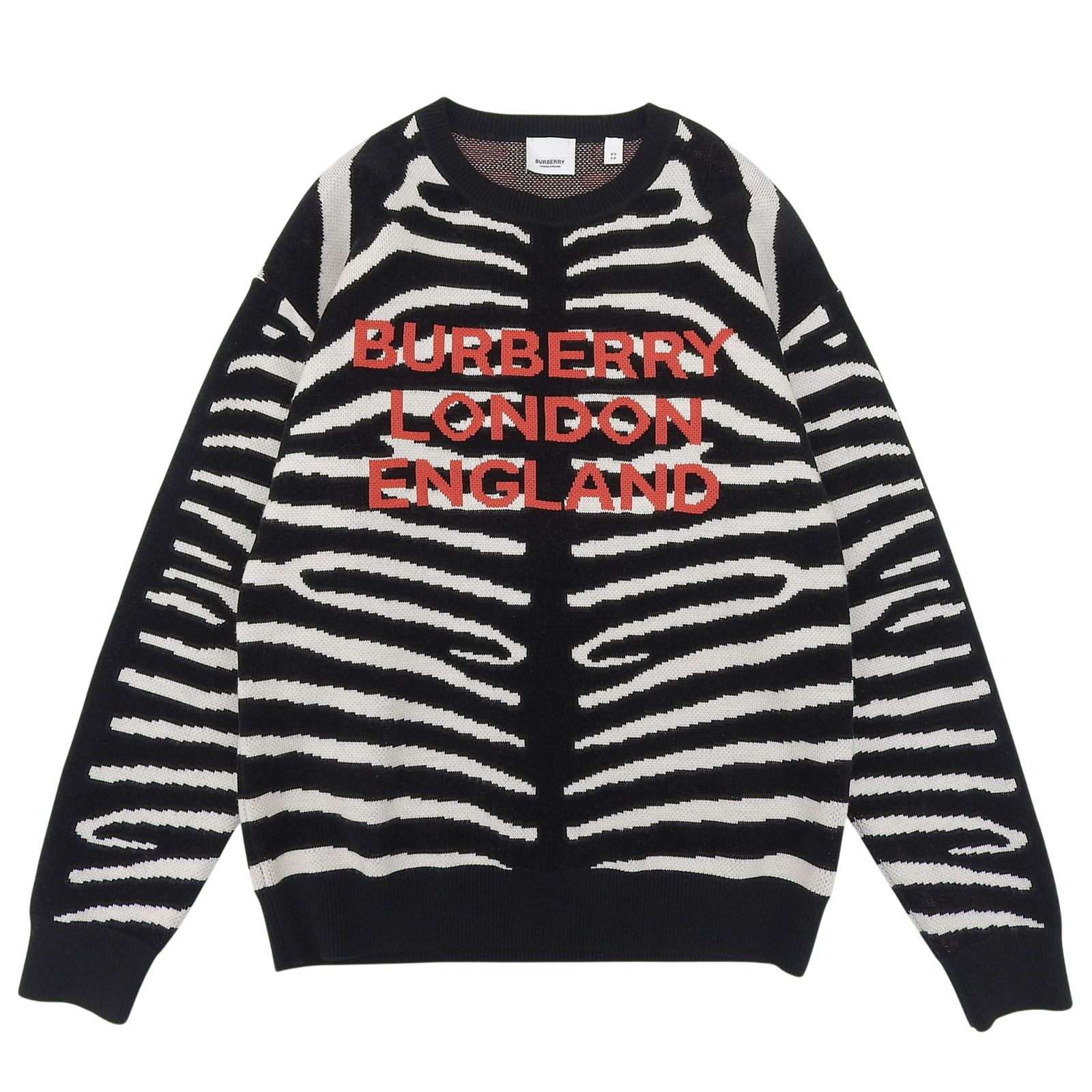 極美品▲BURBERRY バーバリー 8029410 ウール コットン ロゴエンブロイダリー ゼブラ柄 ニット セーター ブラック ホワイト レッド XS 正規品 メンズ