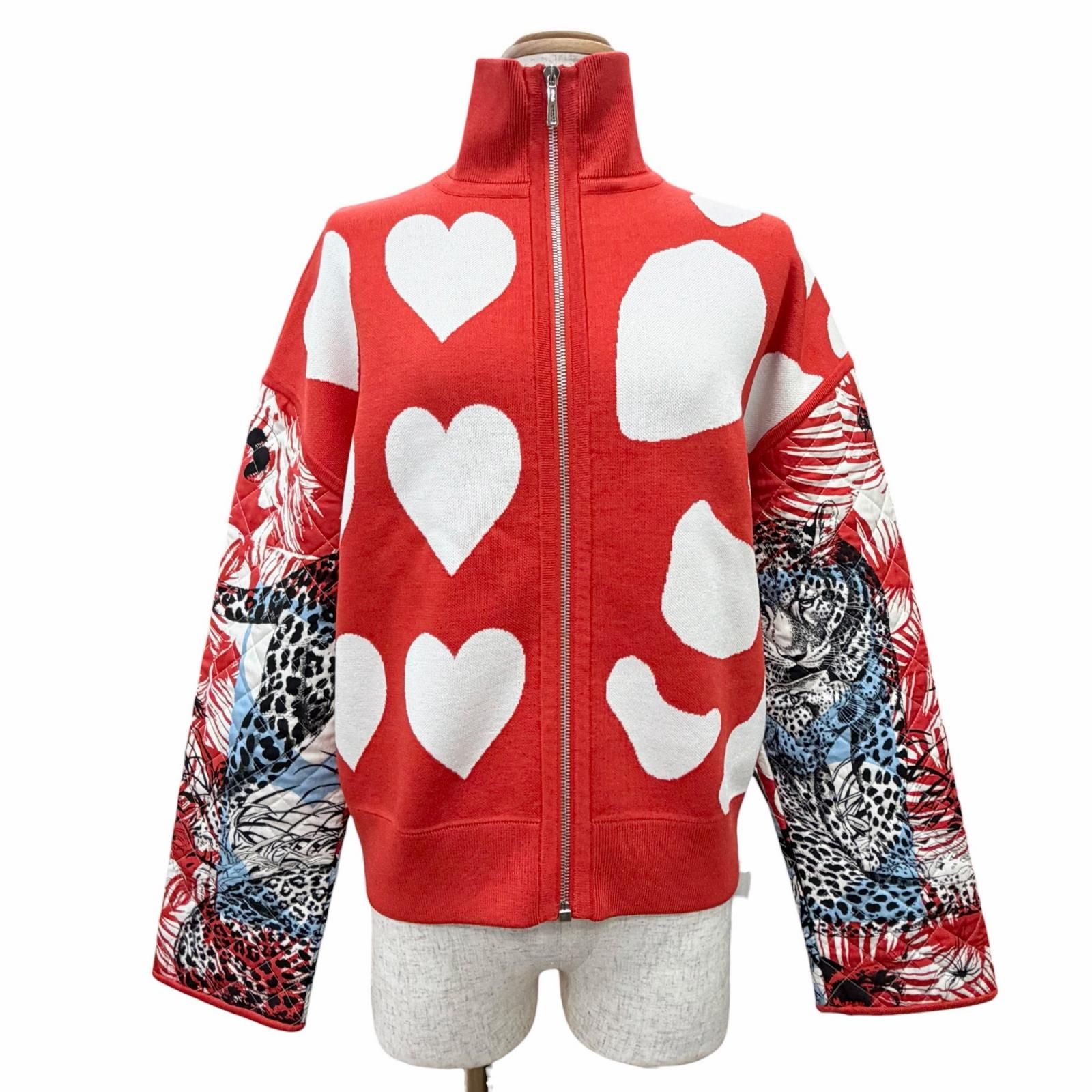 極美品△HERMES エルメス 23SS 3E2817D3 JUNGLE LOVE ジャングルラブ ハートモチーフ 袖ダウン入り ニットジャケット レッド系 36 イタリア製 正規品 レディース