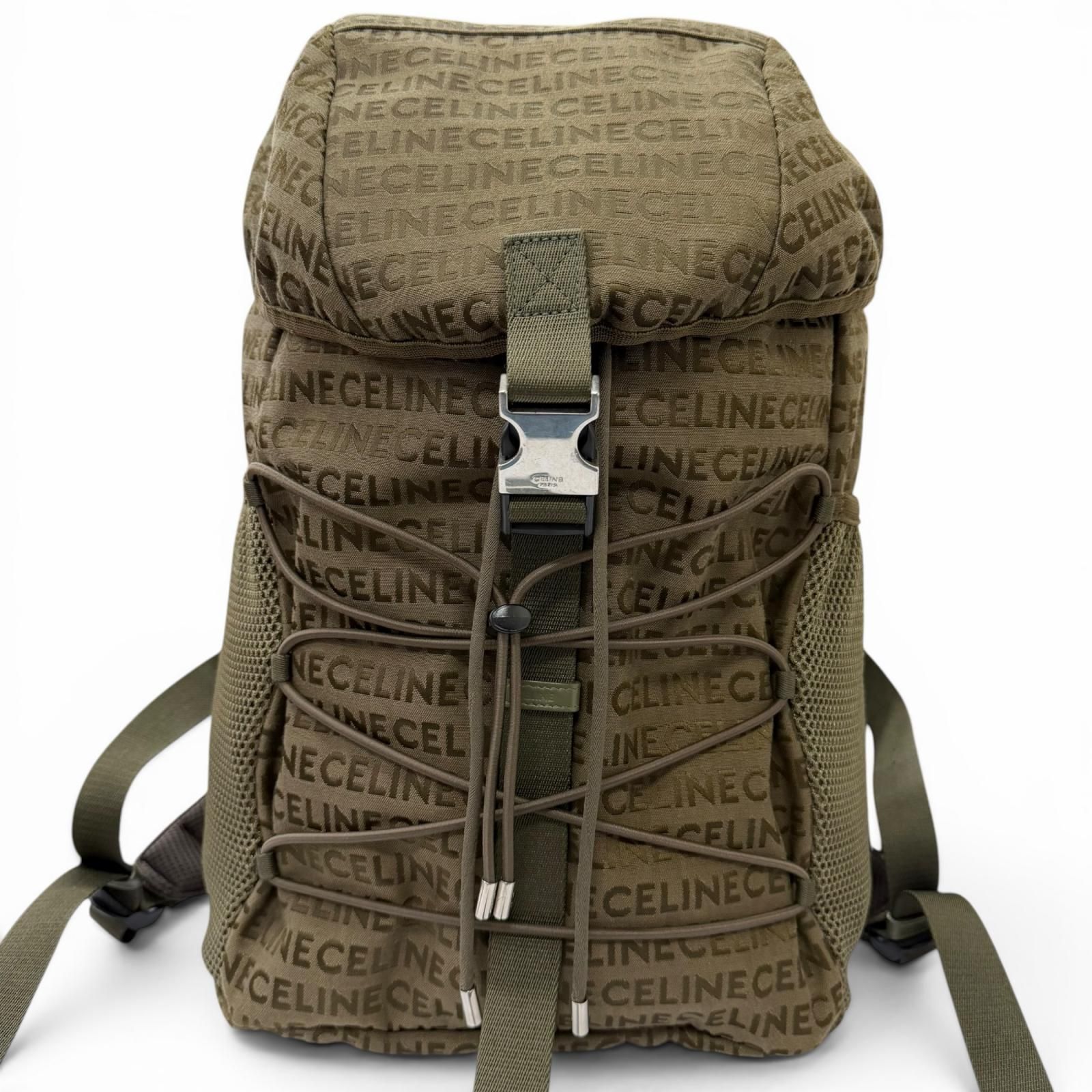 極美品□CELINE セリーヌ 198462 キャンバス 一部レザー ロゴ総柄 トレッキング リュックサック デイパック カーキ メンズ 保存袋付き