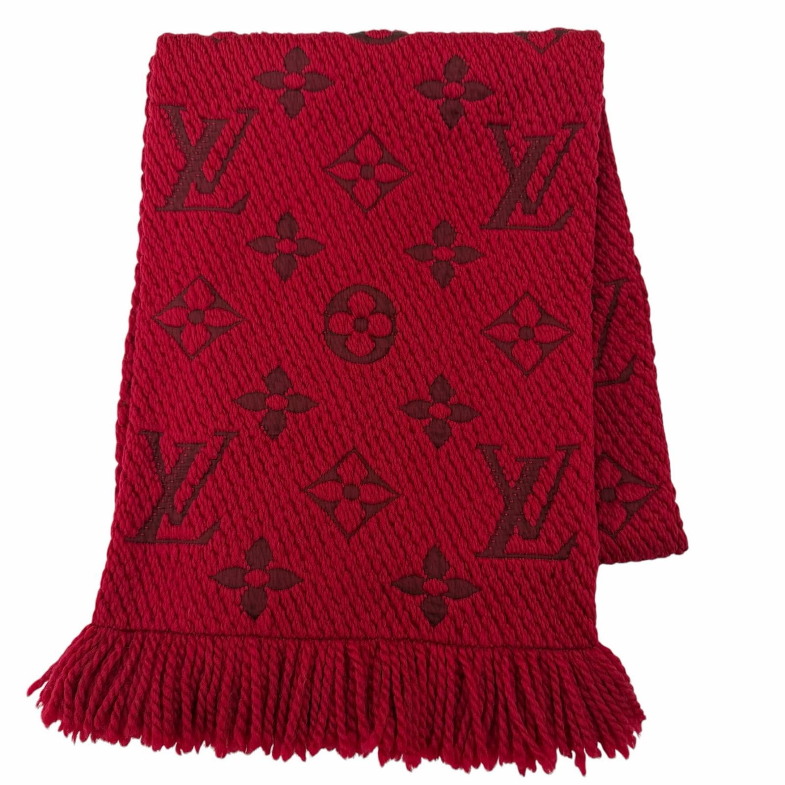 美品☆LOUIS VUITTON ルイヴィトン 413287 エシャルプ ロゴマニア ウール シルク ルビー フリンジ付 マフラー イタリア製 正規品 レディース