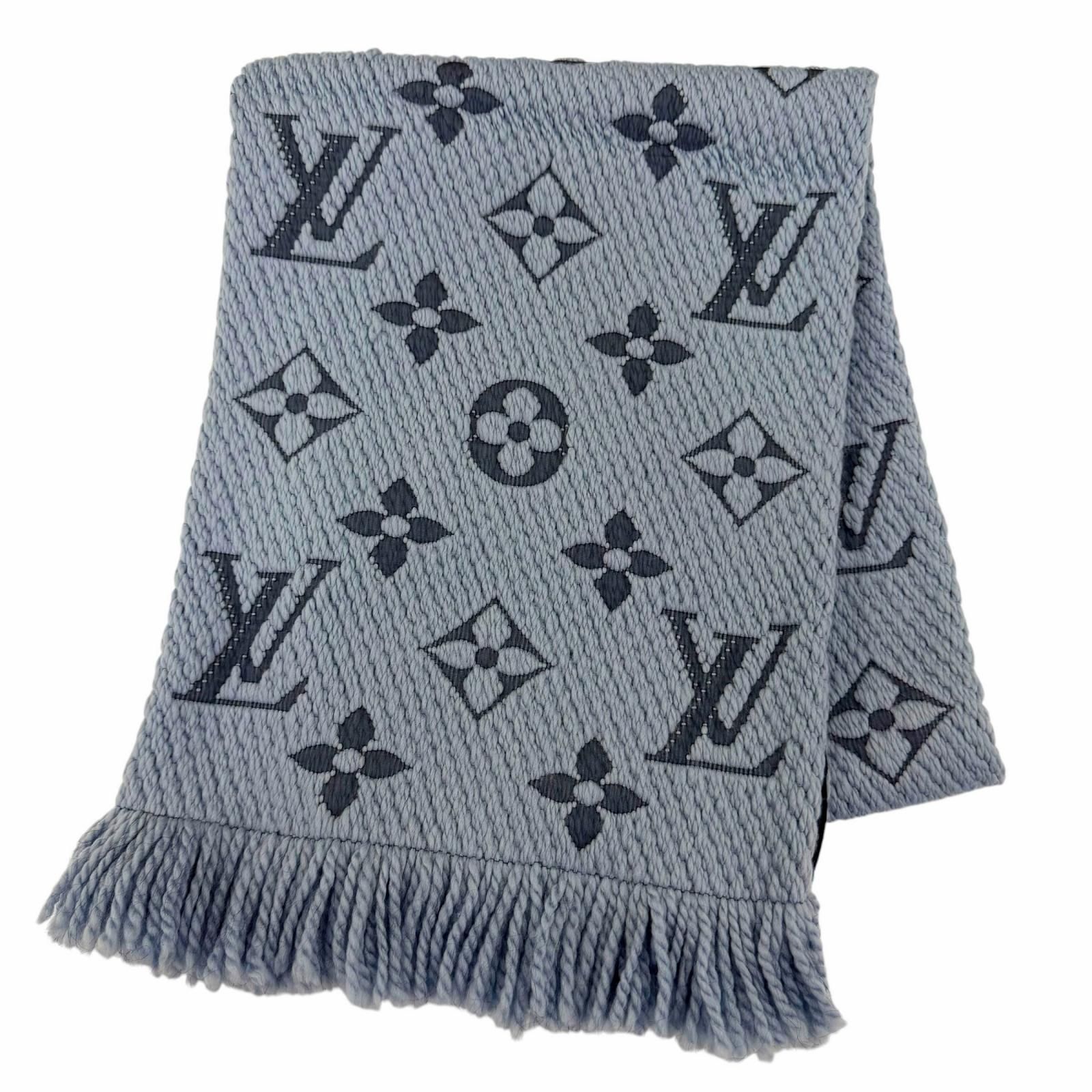 美品☆LOUIS VUITTON ルイヴィトン M75702 エシャルプ ロゴマニア ウール シルク フリンジ付 マフラー ブルー イタリア製 正規品 レディース