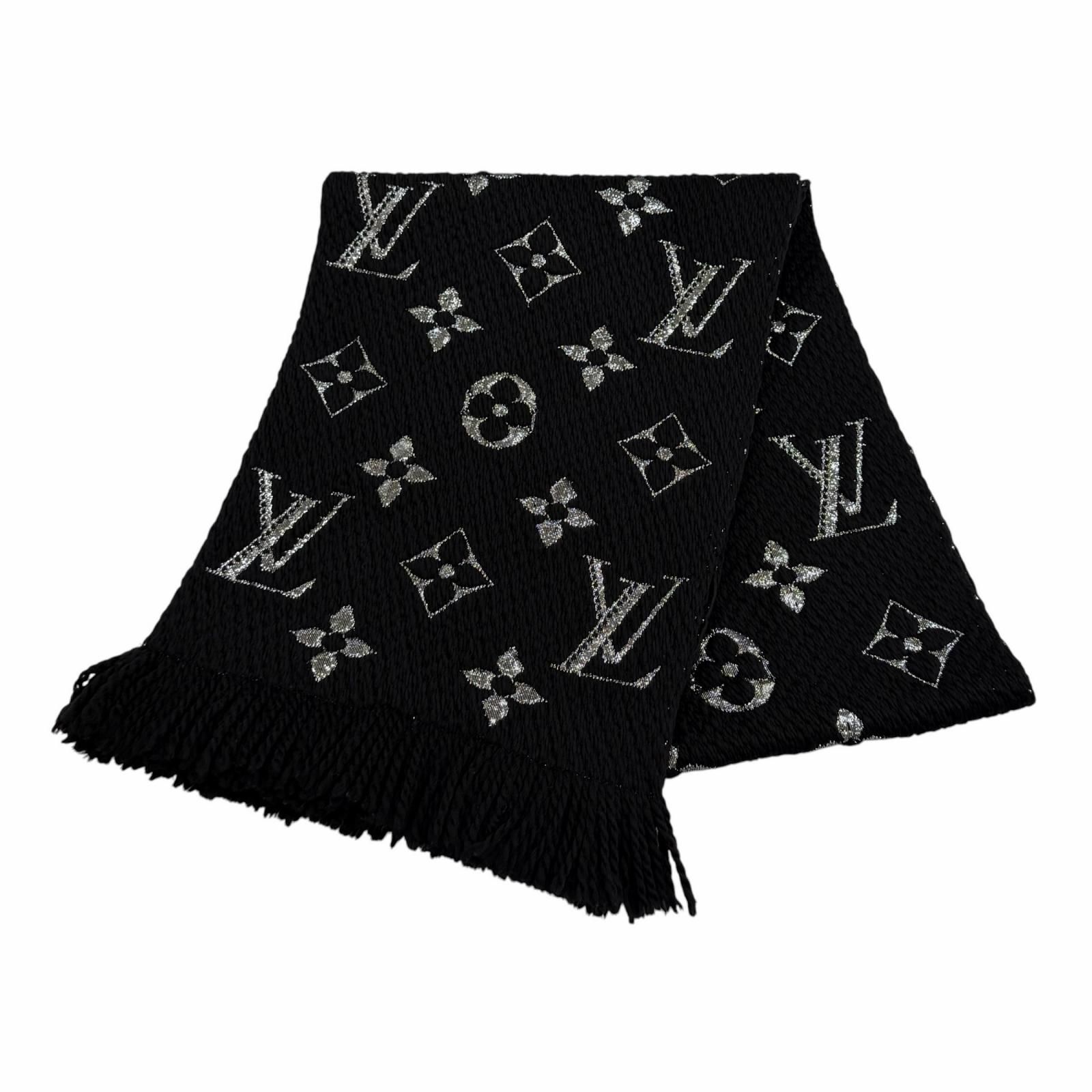 美品★LOUIS VUITTON ルイヴィトン M75833 エシャルプ ロゴマニア シャイン ウール シルク混 フリンジ付 マフラー ブラック シルバー イタリア製 正規品 レディース