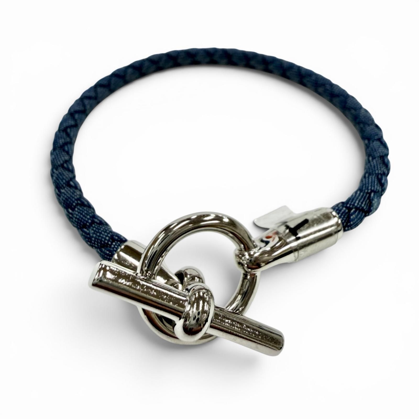 極美品◇HERMES エルメス グレナン シルバー金具 クラスプ キャンバス ブレスレット アクセサリー ブルー イタリア製 レディース 箱・保存袋付き