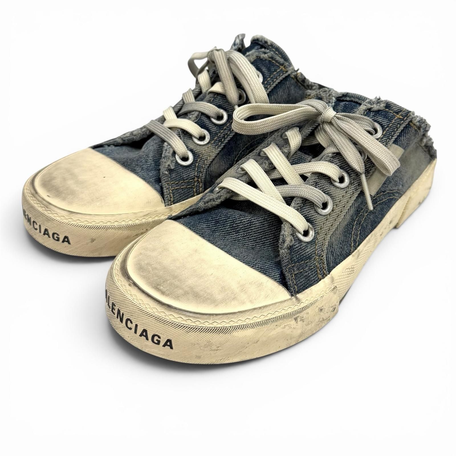 極美品★BALENCIAGA バレンシアガ 693952 デストロイドコットンデニム ヴィンテージ加工 ミュール スニーカー インディゴ 37 レディース 箱付き
