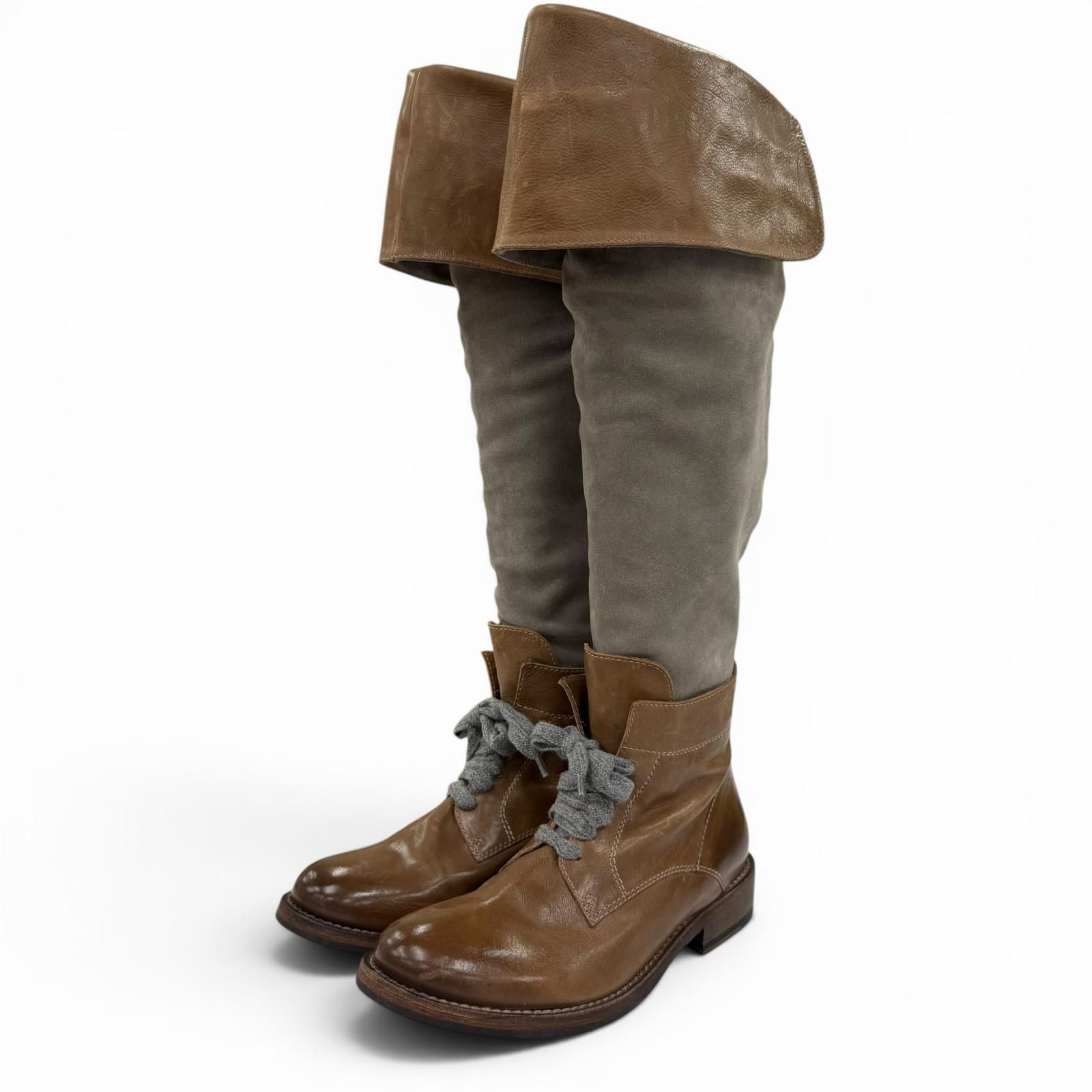 極美品☆Brunello Cucinelli ブルネロクチネリ レザー スウェードレザー 切り替え ロングブーツ ブラウン グレー 38 イタリア製 レディース