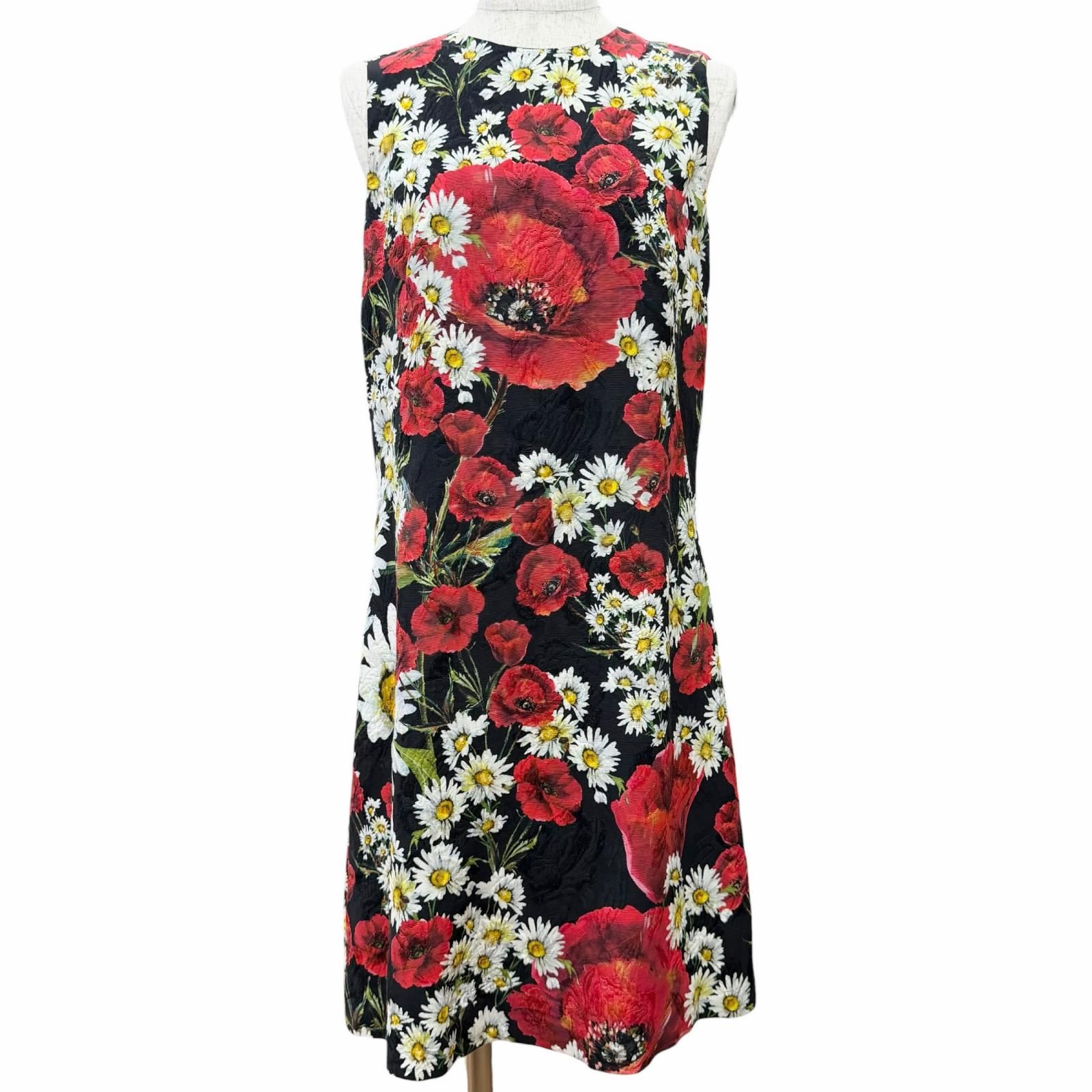 極美品△DOLCE&GABBANA ドルチェ＆ガッバーナ F6VE2T 黒タグ コットン シルク フローラル 花柄 ジャガード ノースリーブ ワンピース ブラック レッド 38 イタリア製 正規品 レディース