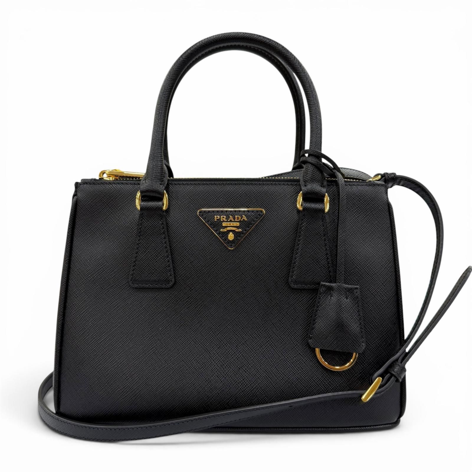 美品☆PRADA プラダ 1BA896 ガレリア スモール サフィアーノレザー 2WAYバッグ ショルダーバッグ ハンドバッグ ブラック ゴールド金具 レディース 保存袋付き