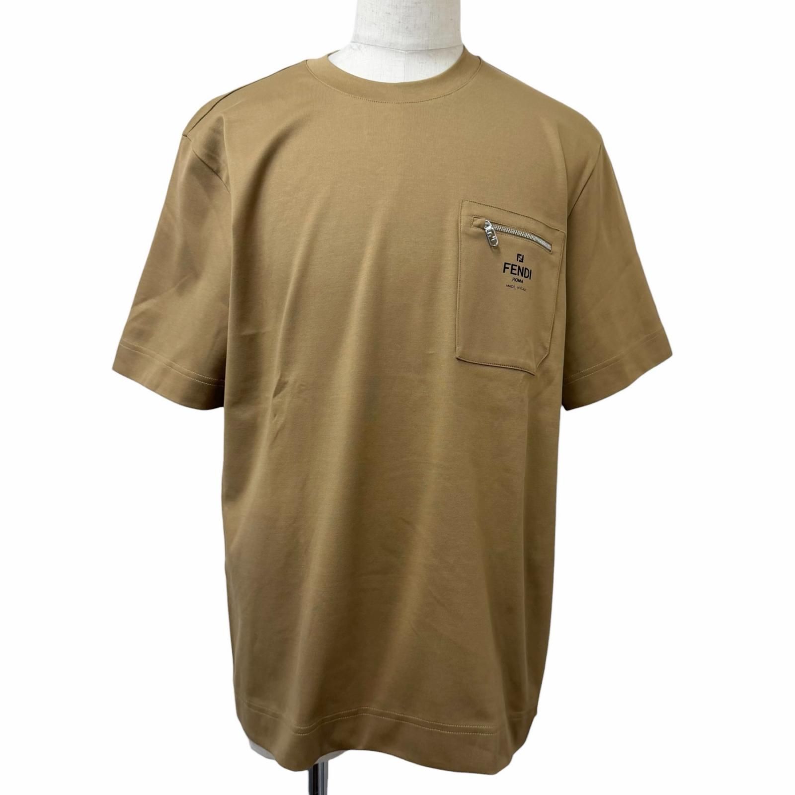 極美品□FENDI フェンディ 2025年製 FY0936 コットン100% 胸ポケット クルーネック 半袖Tシャツ カットソー ベージュ L イタリア製 正規品 メンズ