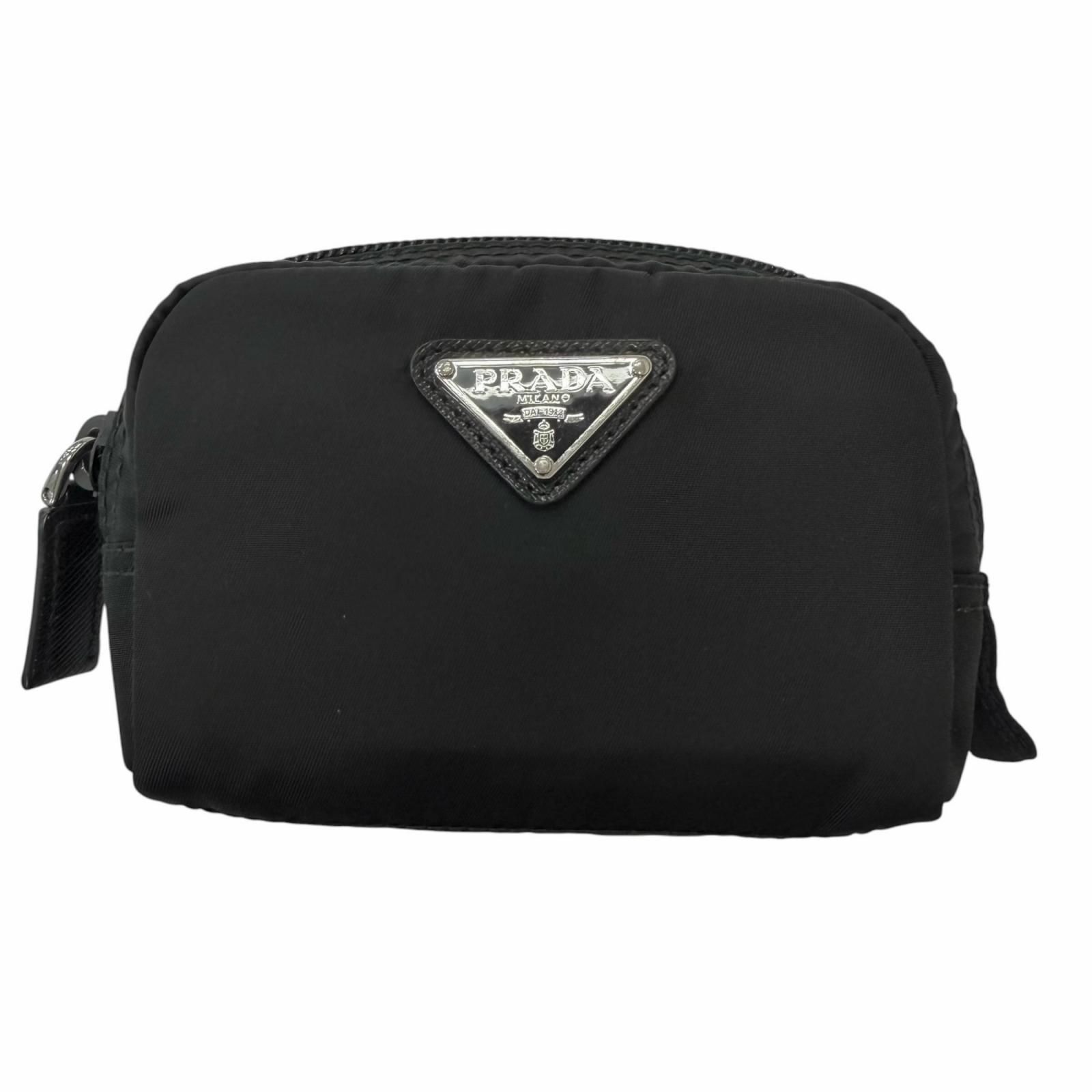 美品□PRADA プラダ 1ND339 マイクロ Re-Nylon トライアングルロゴ 三角プレート シルバー金具 ポーチ 小銭入れ 現行品 ブラック メンズ