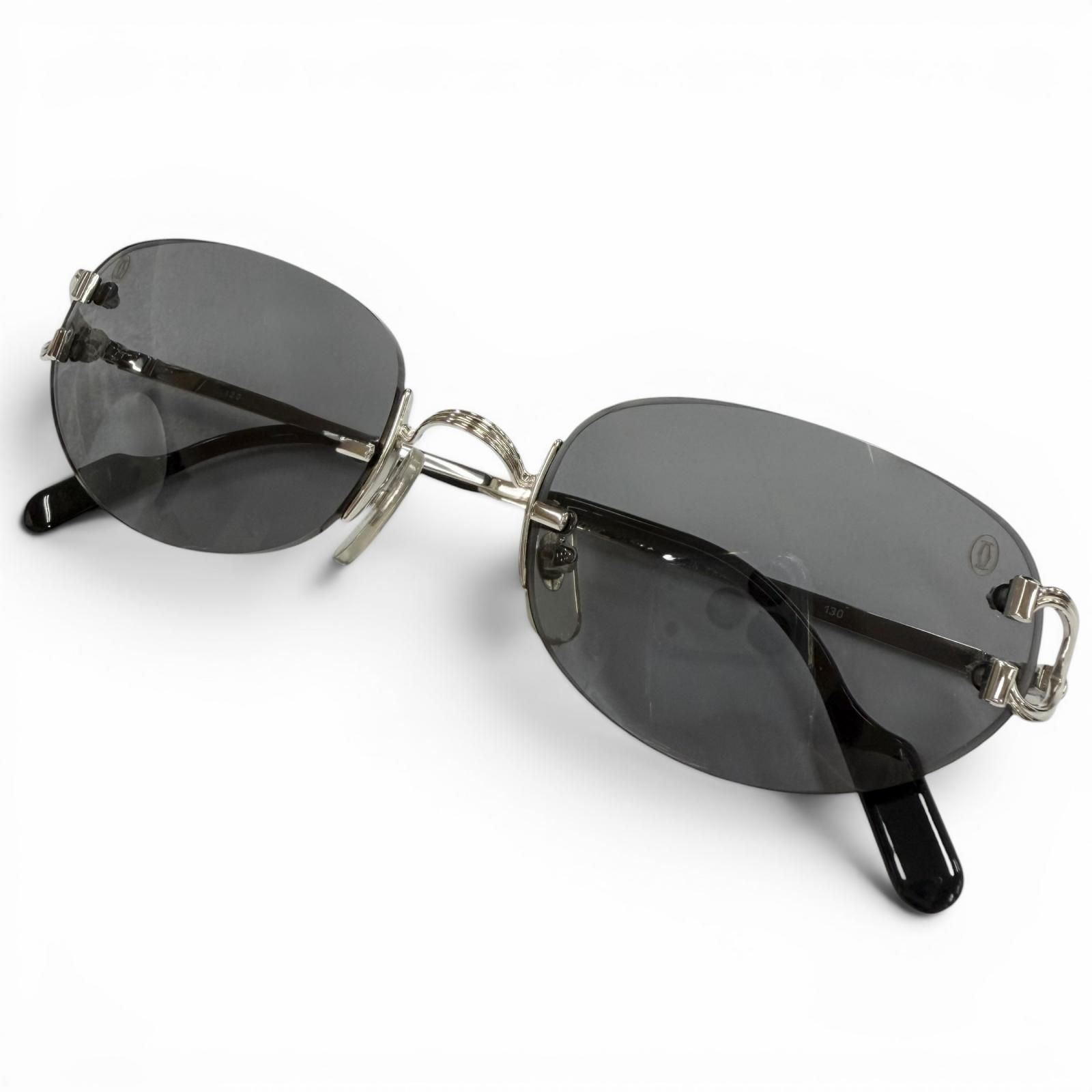 美品▼Cartier カルティエ ー ツーポイント リムレス アイウェア サングラス シルバー ブラック レンズ：ブラック □18 130 デモレンズ フランス製 メンズ