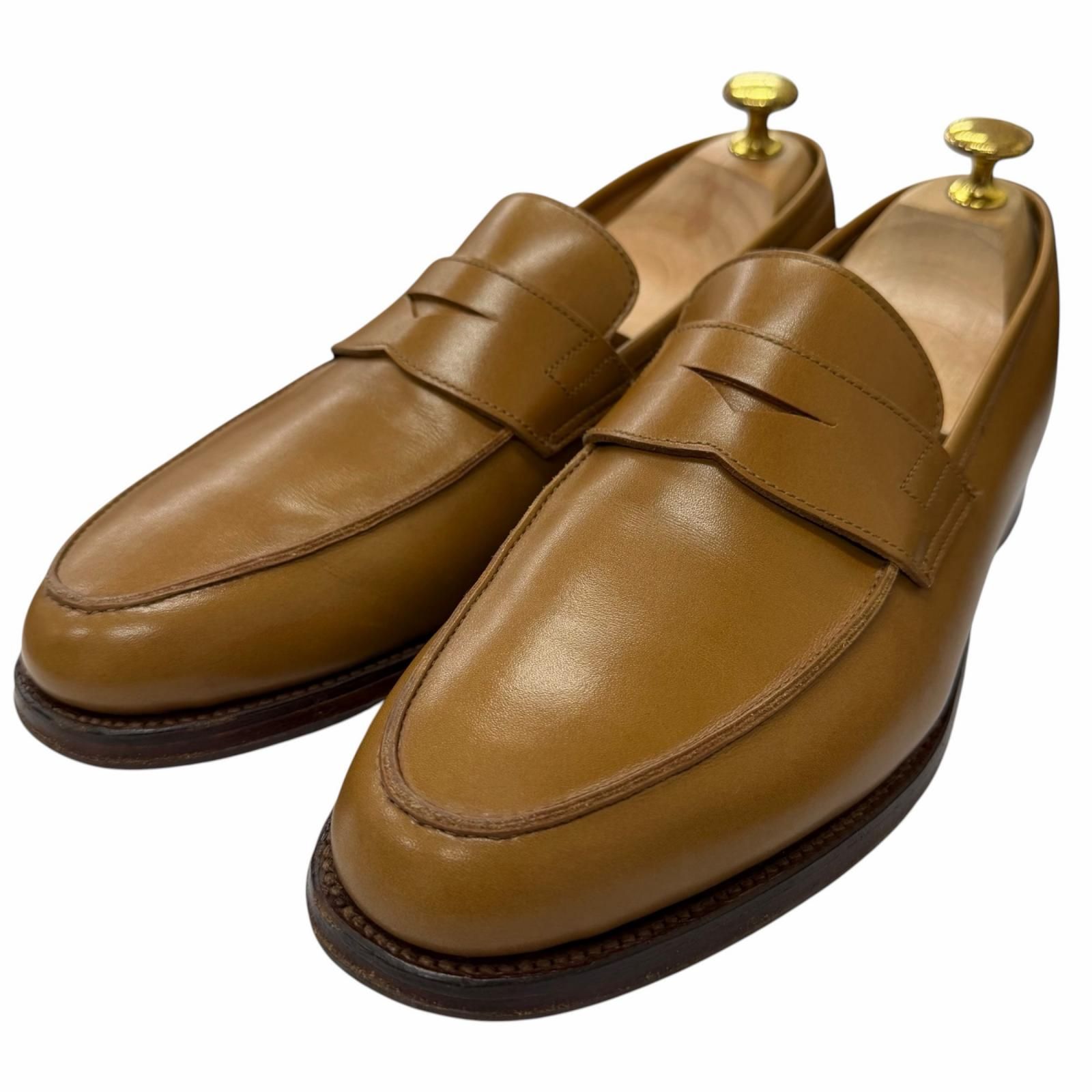 美品□CROCKETT&JONES クロケットアンドジョーンズ POOLE レザー ペニーローファー コインローファー ベージュ 6.5 イングランド製 メンズ 保存袋付き