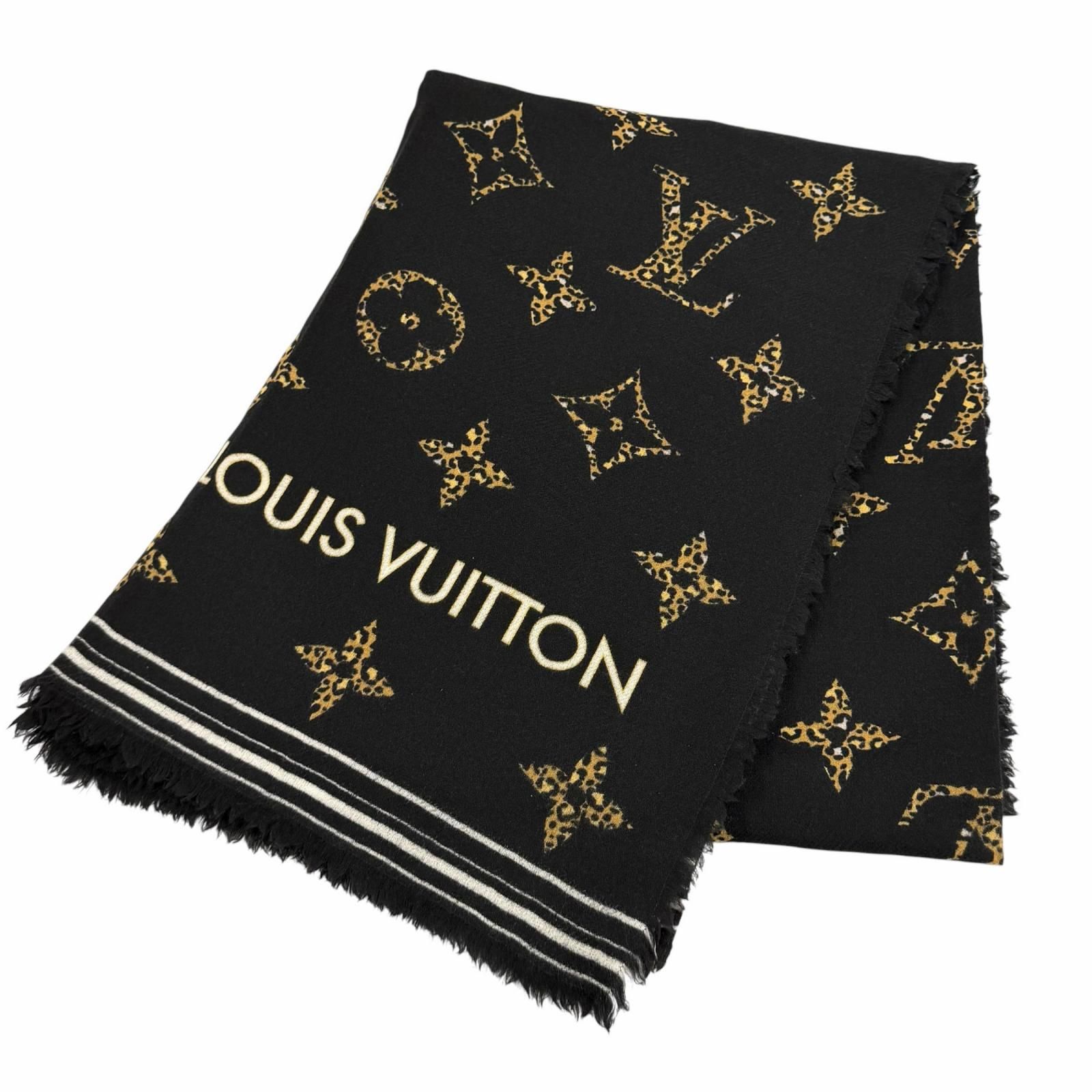 美品★LOUIS VUITTON ルイヴィトン M73644 ウール100％ ロゴ入り モノグラム レオパード フリンジ付 ストール ブラック イタリア製 正規品 レディース